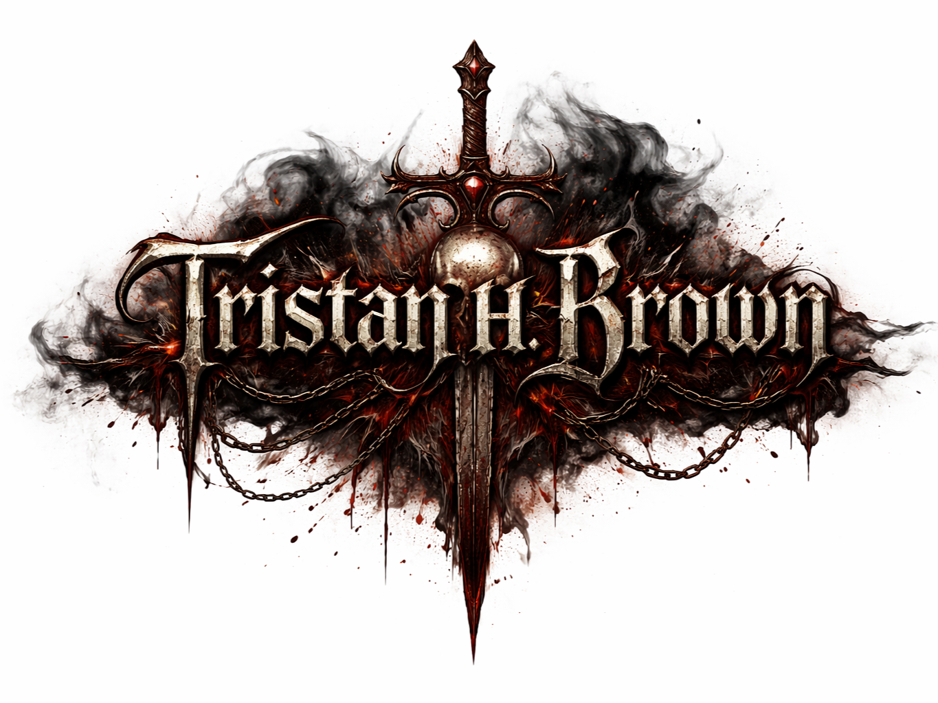 Dark fantasy-style logo with the text "Tristan H. Brown" and a sword with a chain, surrounded by black and red smoky effects.