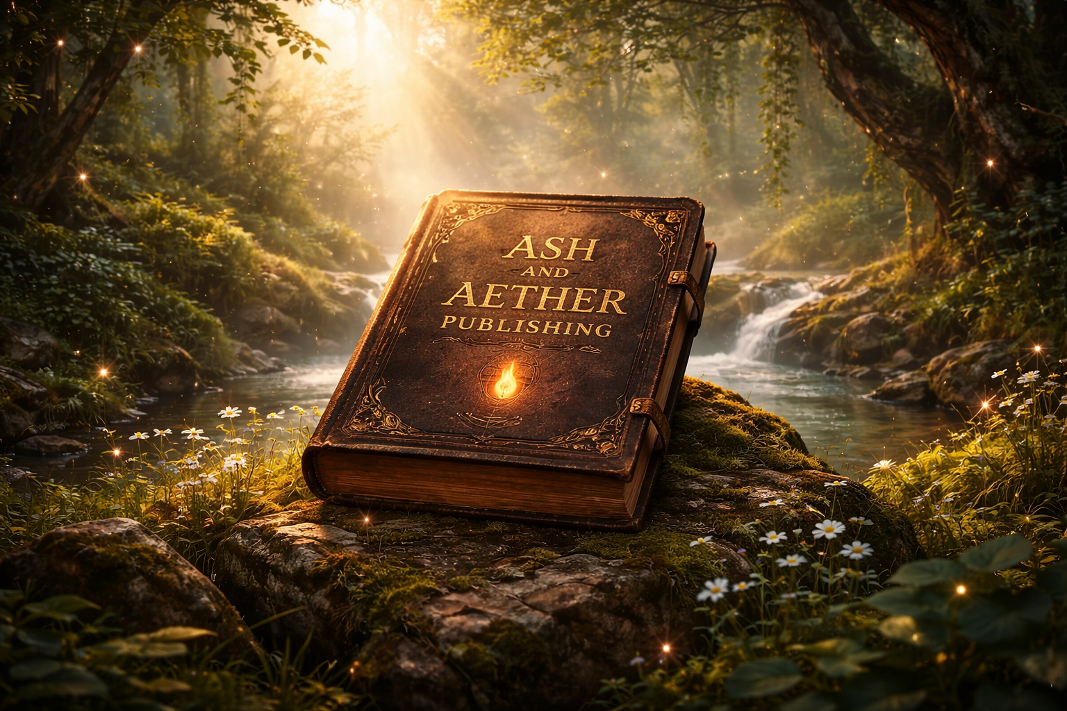 A vintage book titled 'Ash and Aether Publishing' resting on mossy rocks in a sunlit forest stream surrounded by greenery and white flowers.