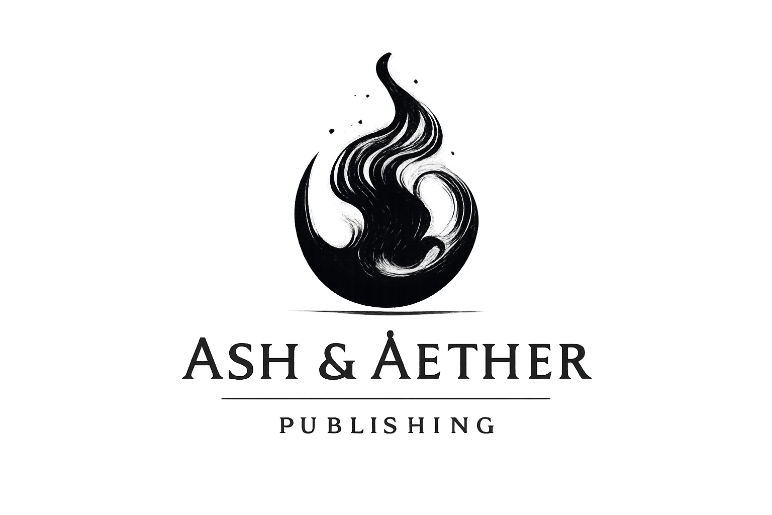 Logo of Ash & Aether Publishing featuring a black flame symbol above the company name.