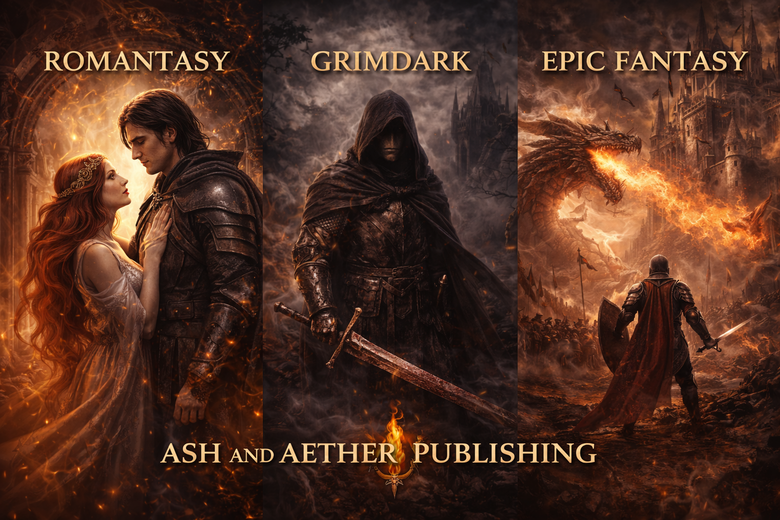 Triptych fantasy cover art with three panels. Left: a romantic scene with a red-haired woman in a flowing dress touching a dark-clad knight; middle: a shadowy warrior with a sword in a misty, castle-like background; right: a knight with a shield and sword facing a fiery dragon amid a burning castle. Text on top: 'Romantasy,' 'Grimdark,' 'Epic Fantasy.' Bottom: 'Ash and Aether Publishing.'