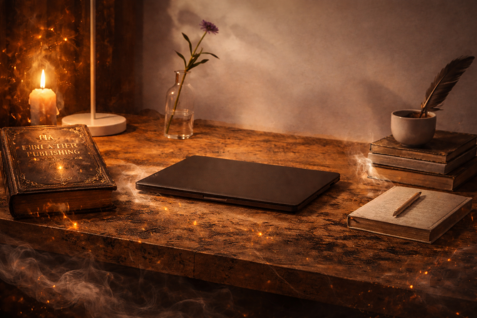 A dimly lit wooden desk with a candle, a foggy book titled 'The Funeral Publishing,' a closed laptop, a small vase with a purple flower, a stack of old books with a bowl and feather quill, and a notebook with a pen on top.