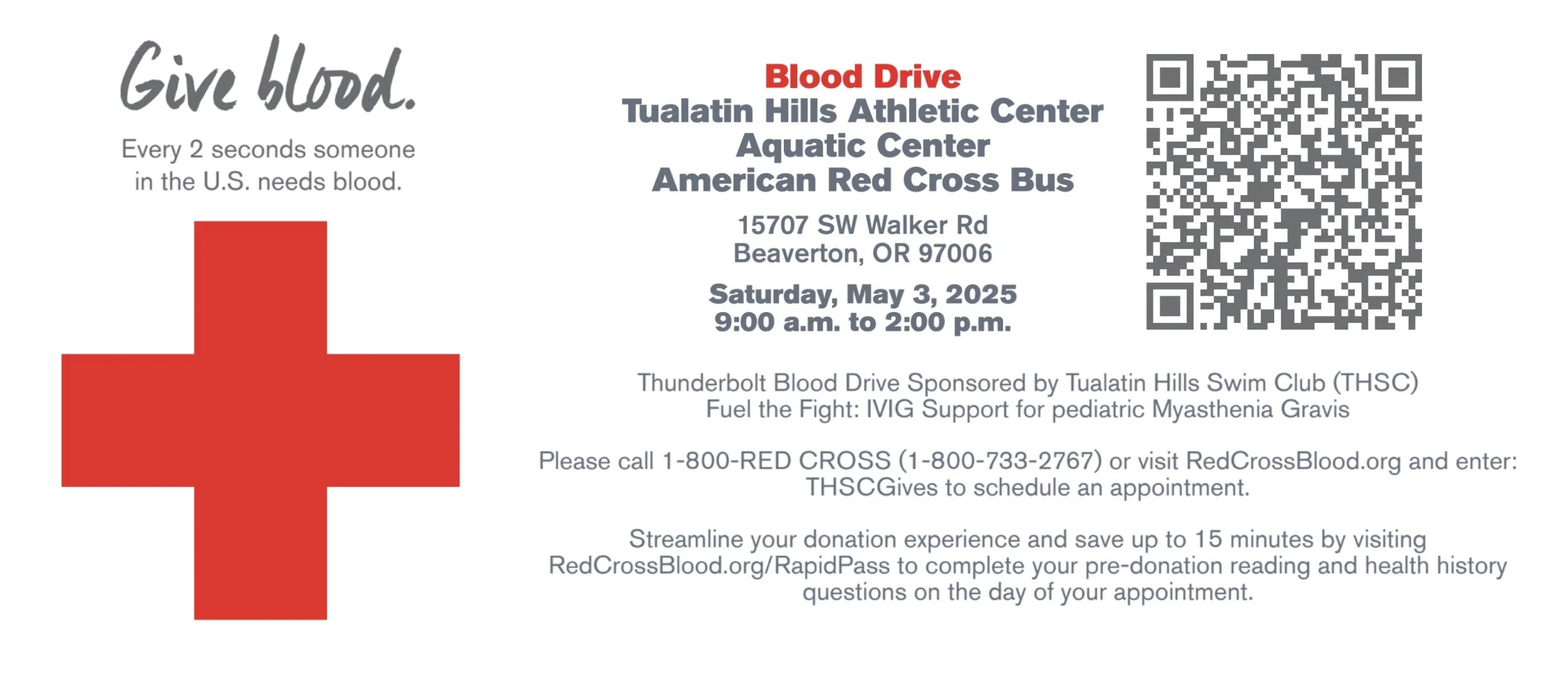 Flyer for a blood drive event with a red cross symbol, event details including date, time, location, and contact information, and a QR code on the right side.