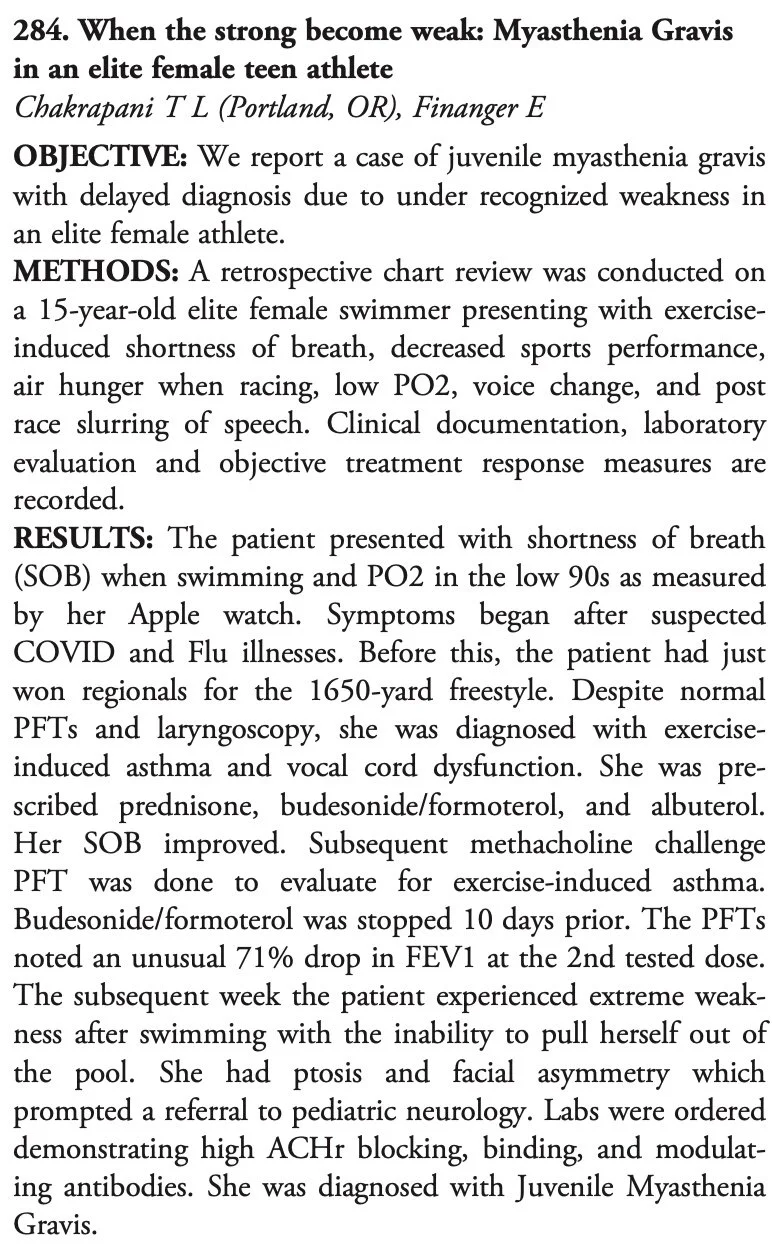Medical research journal page discussing a case of juvenile myasthenia gravis in an elite female teen athlete, with case details and treatment outcomes.