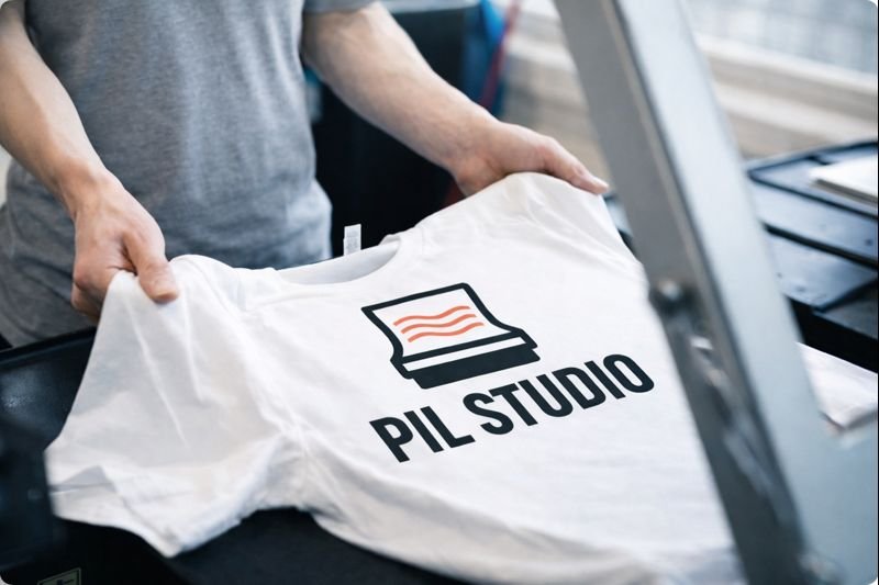 Person folding a white t-shirt with the PIL Studio logo, which features a stylised graphic of a stack of papers or ink sheets and the text 'PIL Studio' for Printers in London underneath, in a DTG Printing studio workspace or print shop.