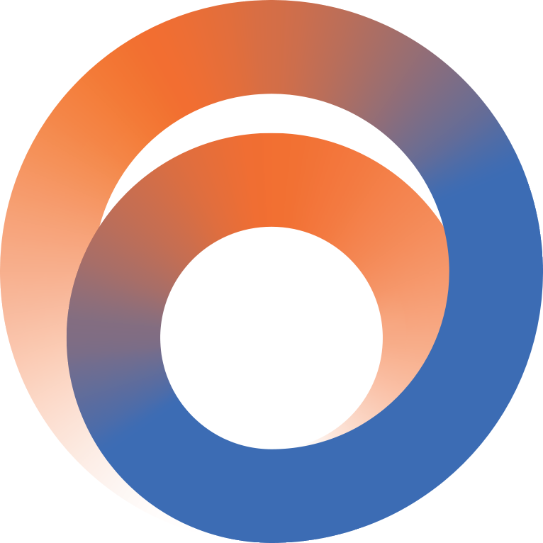 A colorful circular abstract design with gradient shades of orange, blue, and beige.
