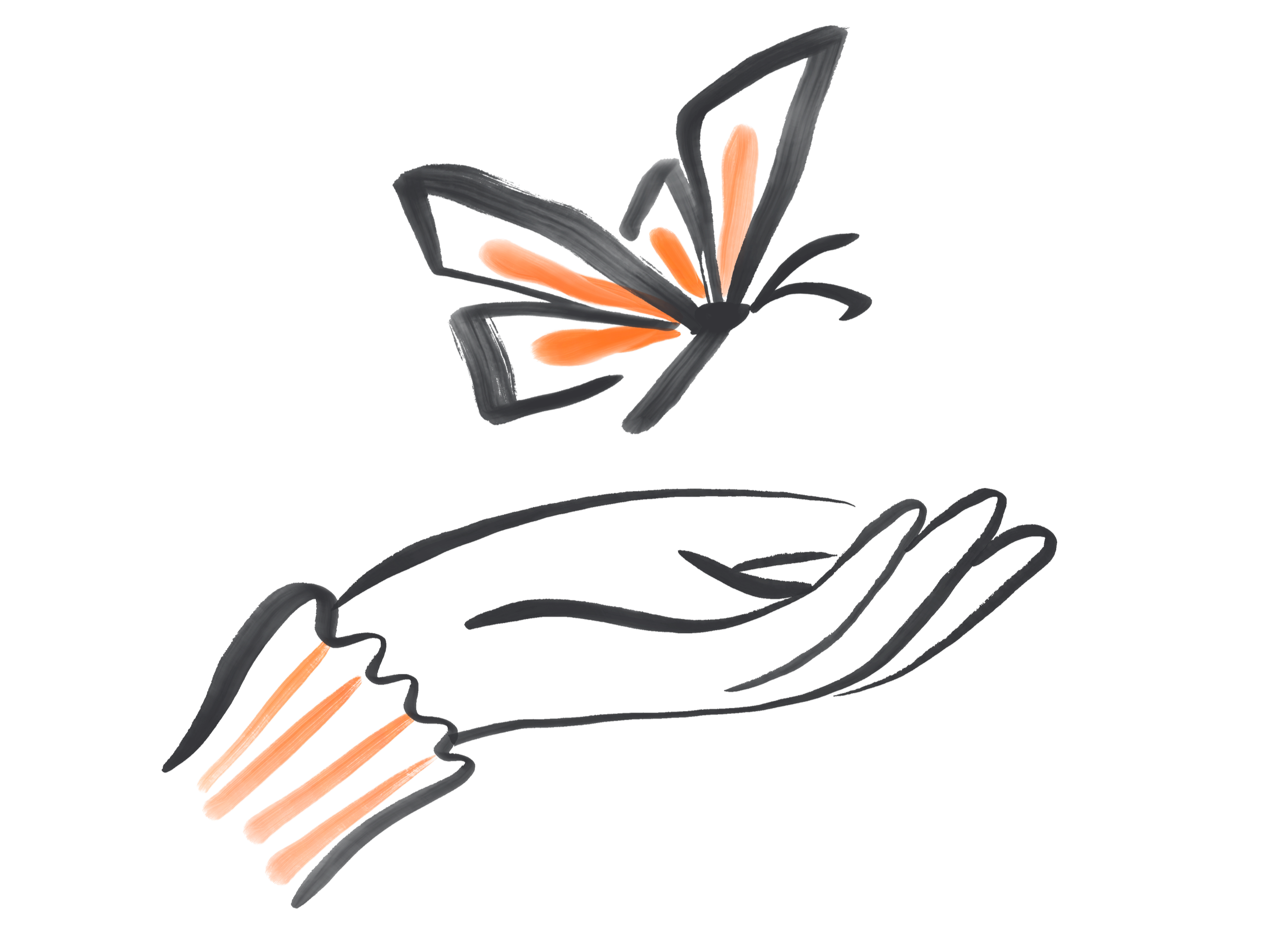 Lou Boyles The ADHD Coach For Mums. Transformation home page image. A digital illustration of a hand  holding a butterfly that has orange highlights on its wings. The butterfly appears to be reaching out or landing on the hand.