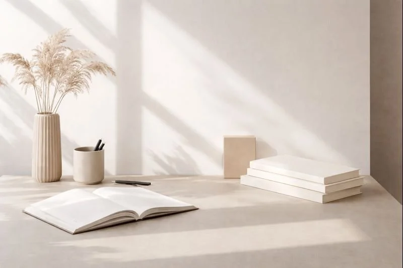 Minimalist desk with open book, white stacked books, a beige block, a vase with dried pampas grass, and a cup holding pens, all bathed in natural sunlight.