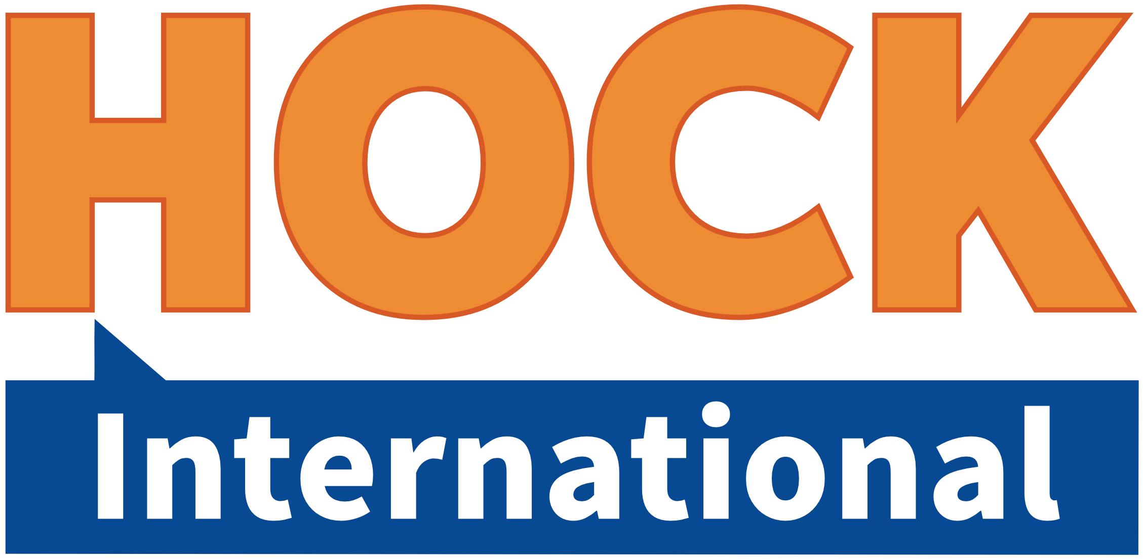 Hock International logo with the word 'Hock' in large orange letters and 'International' in smaller white letters on a blue background.