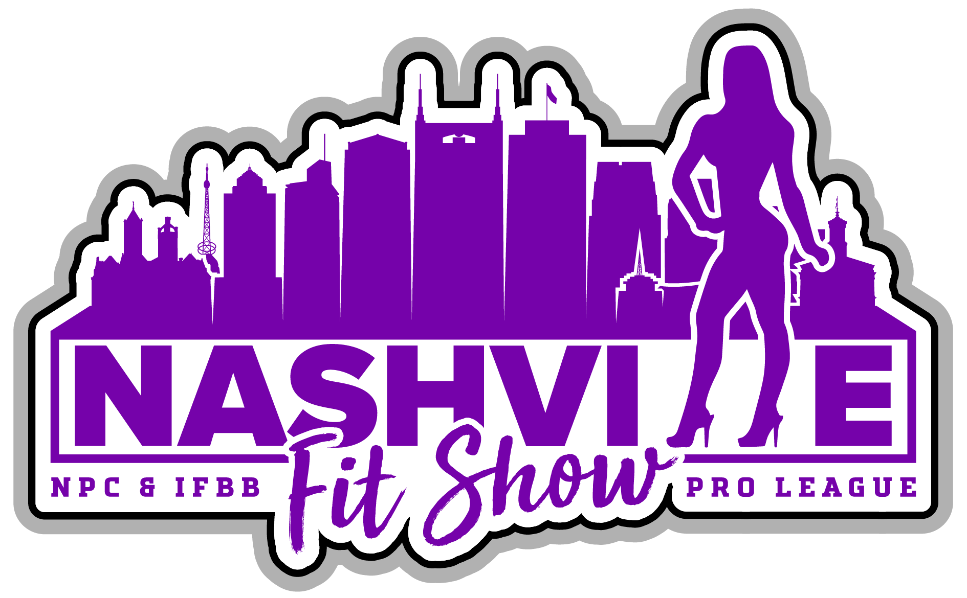 Logo for the Nashville Fit Show, featuring a purple skyline of Nashville, a silhouette of a woman holding a trophy, and text indicating NPC & IFBB Pro League.