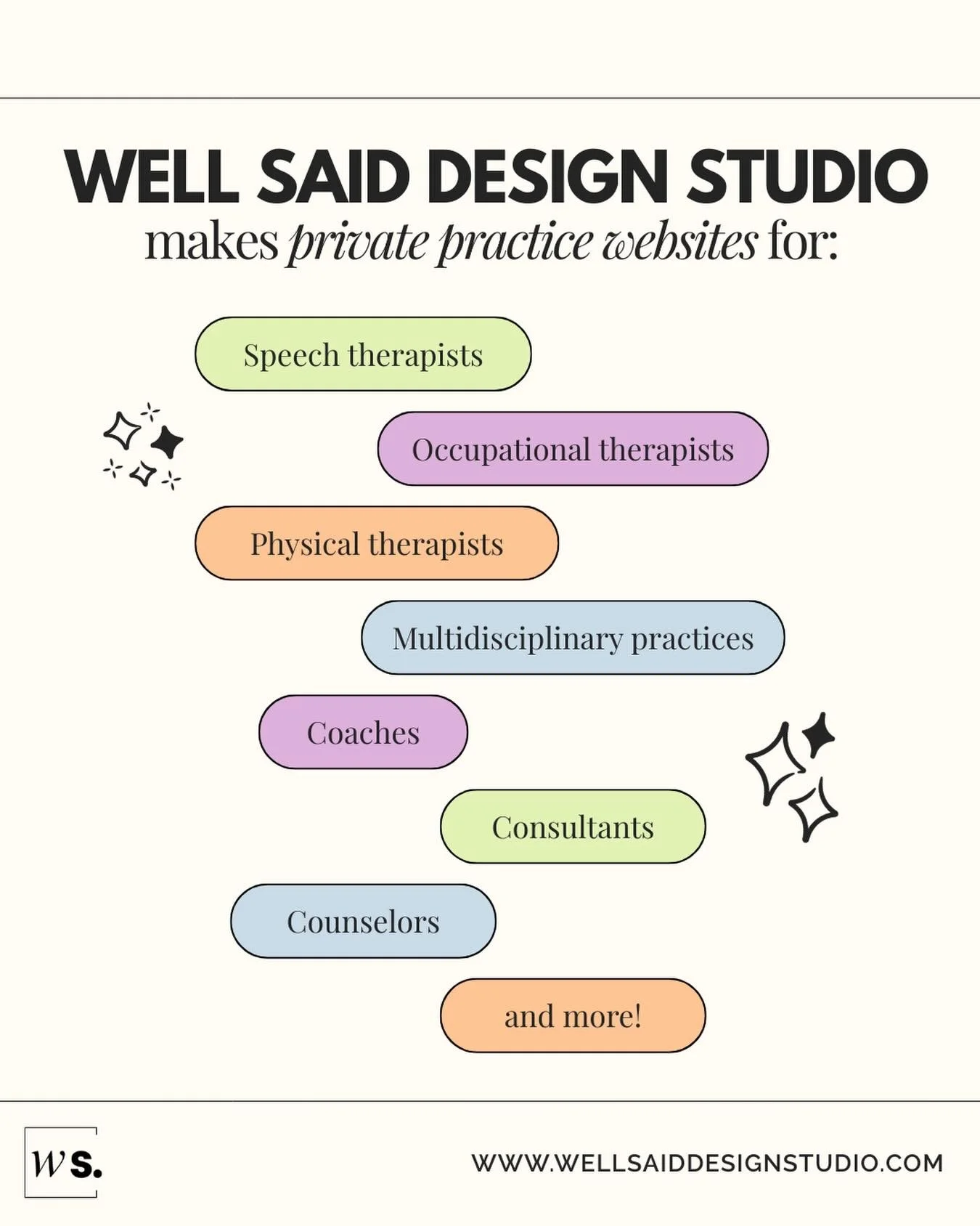 Well Said Design Studio is proud to design Squarespace templates and websites for private practice clinicians and therapists of all kinds, including:

▪️ Speech therapists 
▪️ Occupational therapists 
▪️ Physical therapists 
▪️ Multidisciplinary prac
