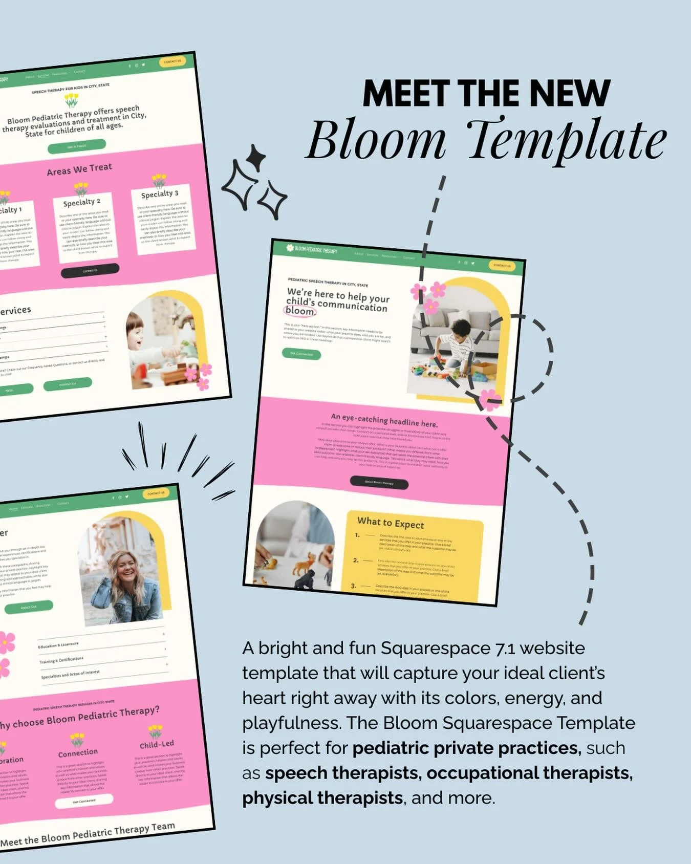 Meet BLOOM 🌸, our brand-new Squarespace template for pediatric therapists at Well Said Design Studio! This bright and fun website template is sure to capture your ideal client&rsquo;s heart as soon as they land on the homepage. 

The Bloom Template 