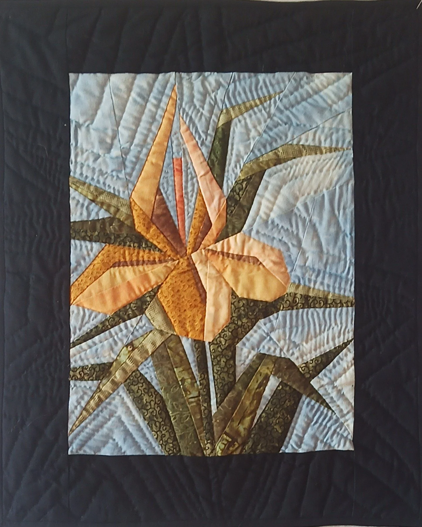 "Iris" foundation pieced pattern by Eileen Bahring Sullivan. Made during a class in early 2000's taught by Mrs. Sullivan.