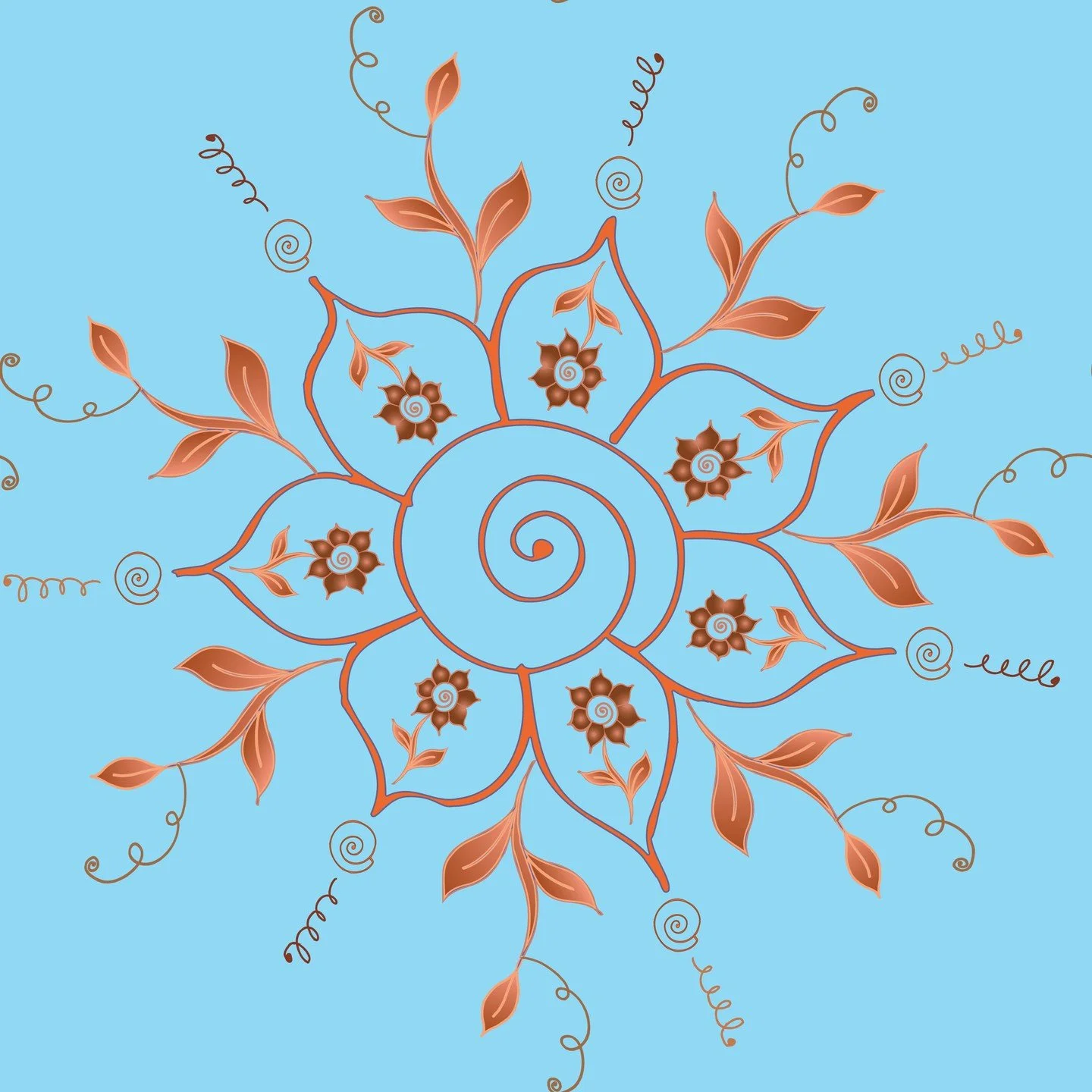 Copper &amp; Sky Collection. Available on Spoonflower. These are the blues! A lovely pairing of warm copper designs on clear blue backgrounds. All repeating patterns that can be adjusted for density. Mandala, Lattice, Spinning Leaves, Loops, and All-