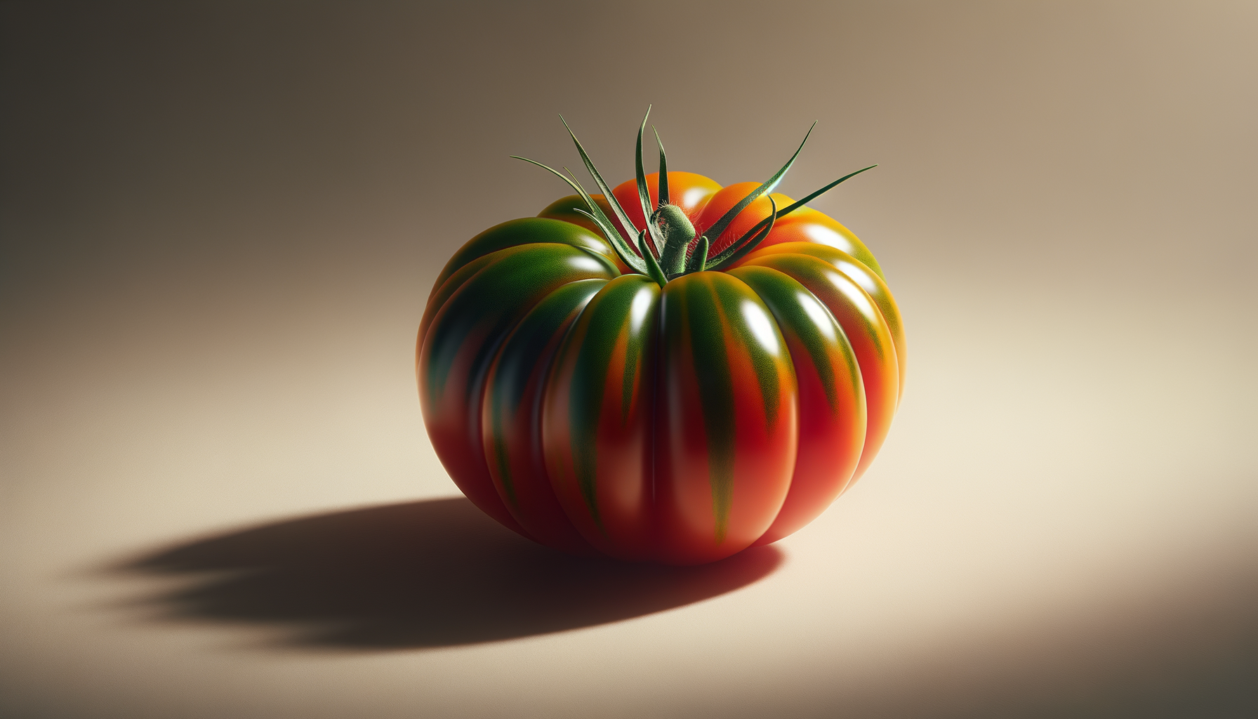 Tomate multicolor con sombras suaves en fondo neutro.