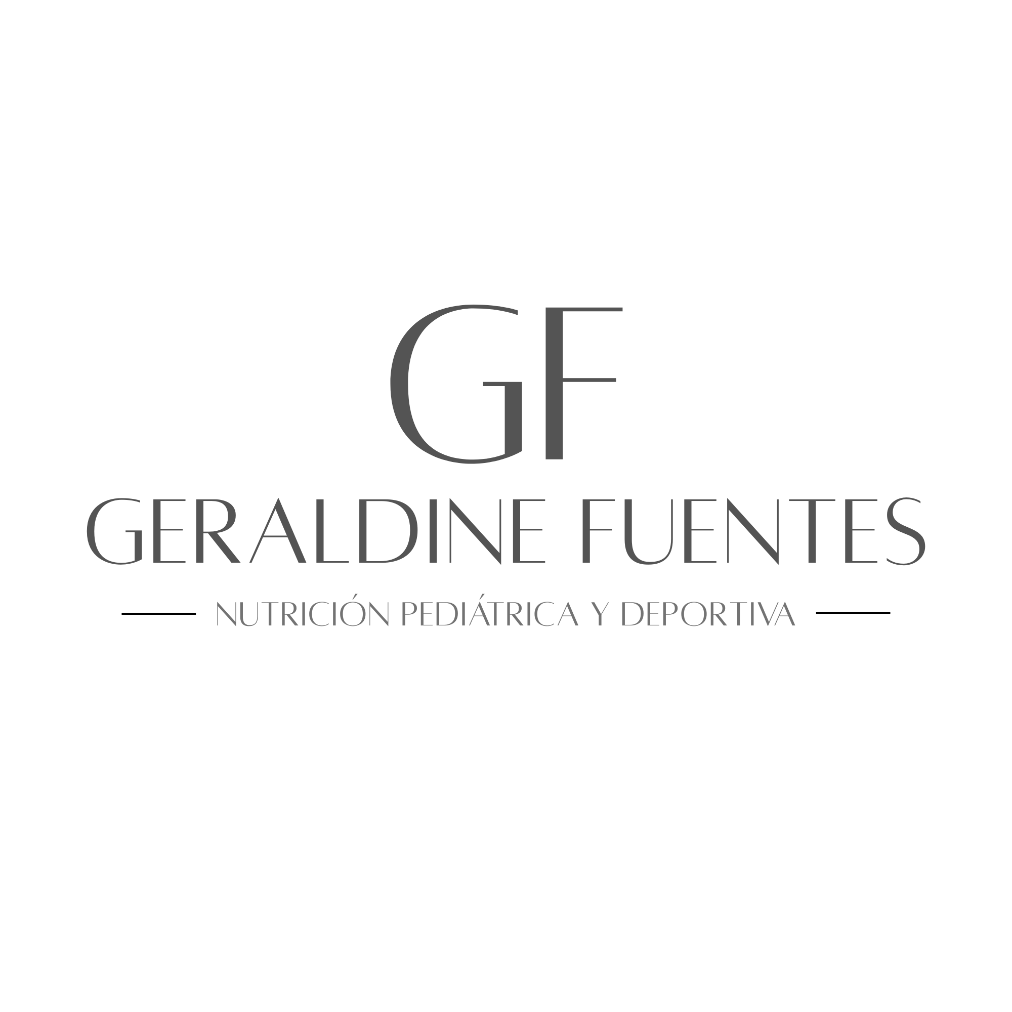 Logotipo negro con letras gris oscuro que dice 'G F GERALDINE FUENTES NUTRICIÓN PEDIÁTRICA Y DEPORTIVA'.
