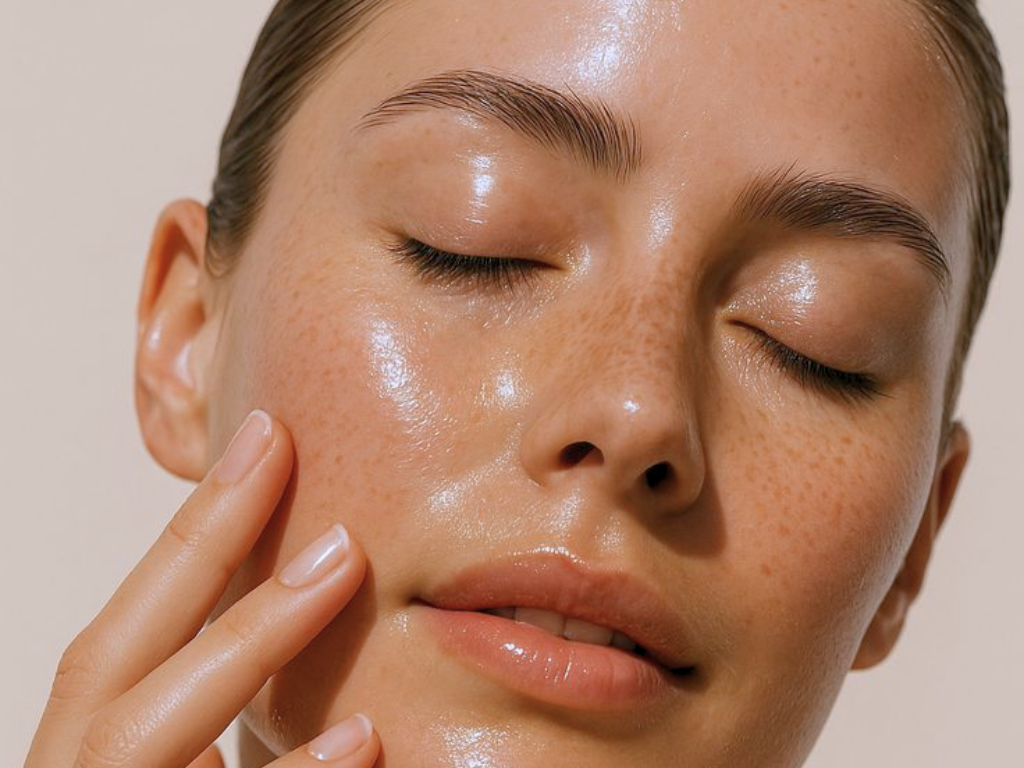 A close-up of a woman's face with clear, glowing skin, her eyes closed, gently touching her cheek with her fingers.