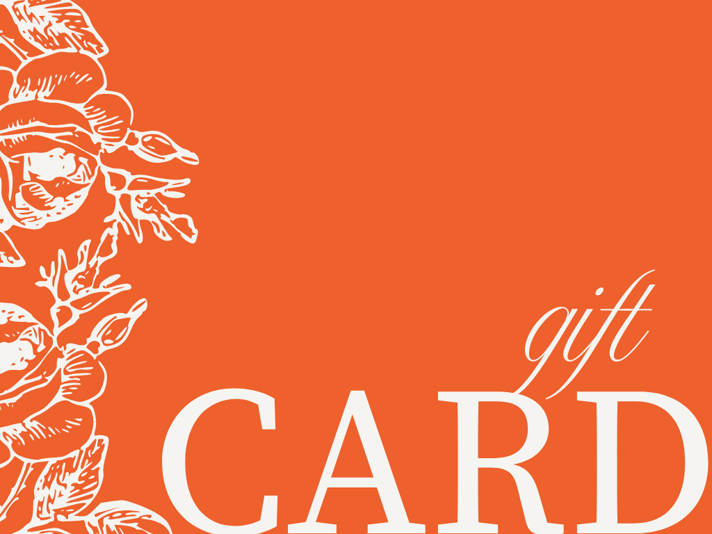 Orange gift card with white floral design on the left side and the text 'gift CARD' in white, with 'gift' in cursive.