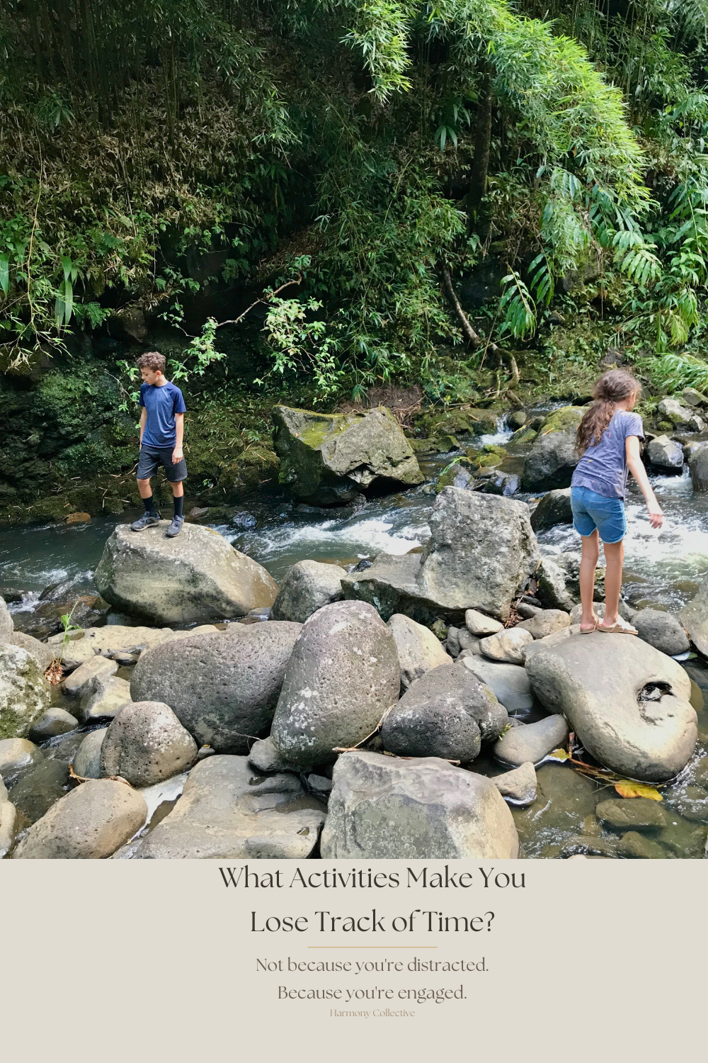 Two children, a boy and a girl, standing on large rocks in a small stream surrounded by dense green vegetation. The boy is on the left, wearing a blue T-shirt and shorts, looking down. The girl is on the right, also looking down at the water, wearing a blue T-shirt and shorts.