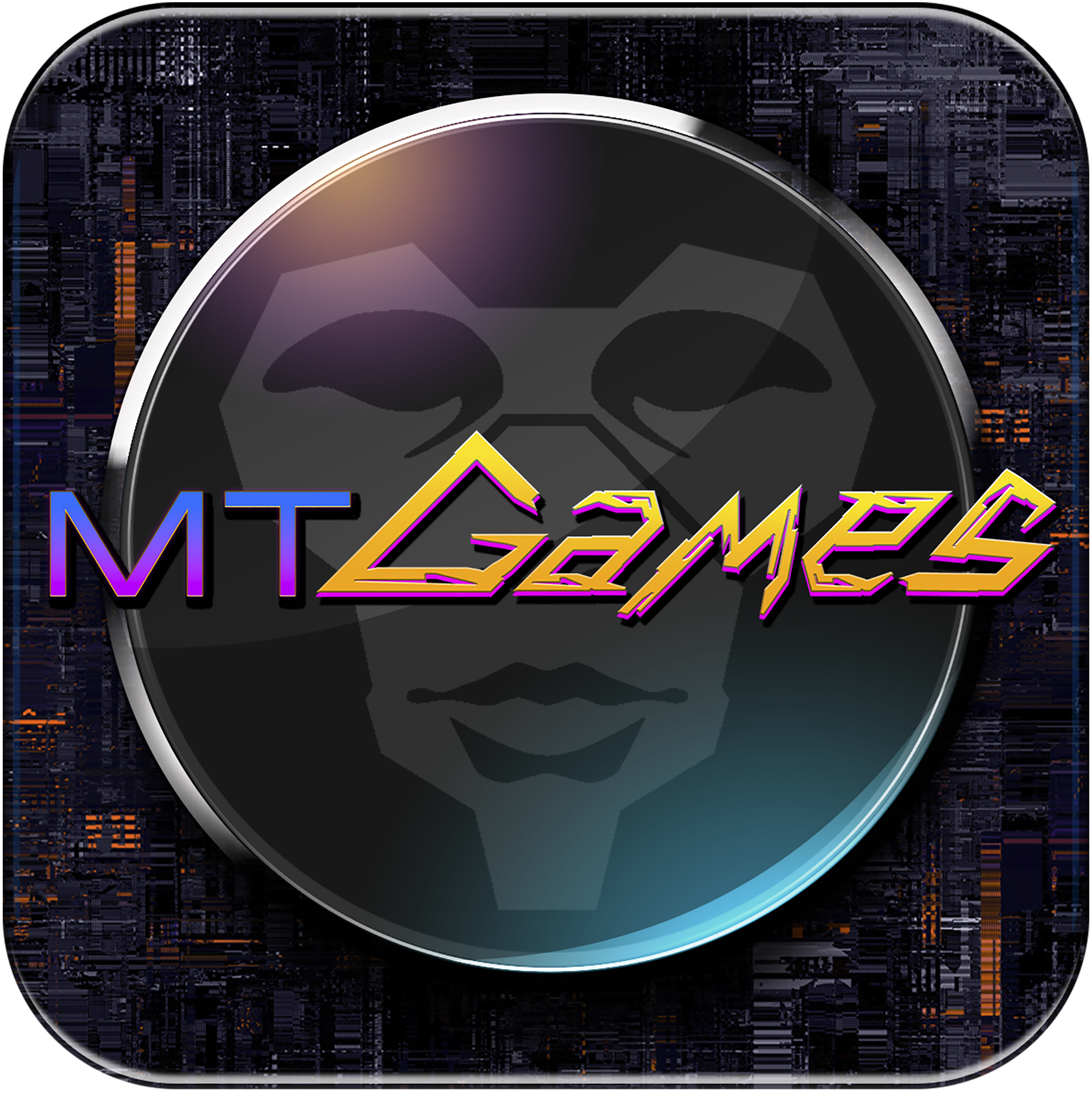 A logo featuring a black circle with a stylized gray face and the text 'MT Games' in colorful, futuristic font.