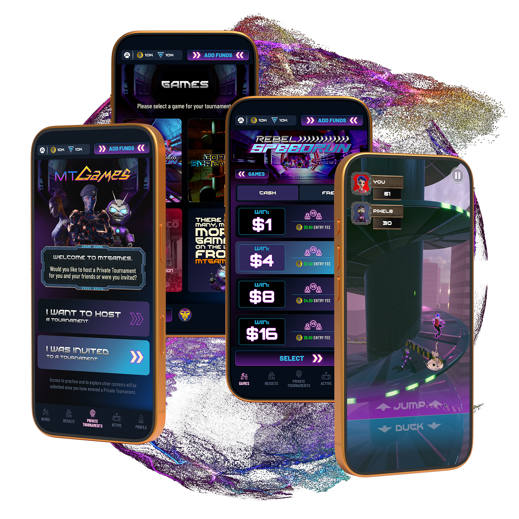 Four smartphones displaying various gaming and betting apps with a digital, colorful, sci-fi background.