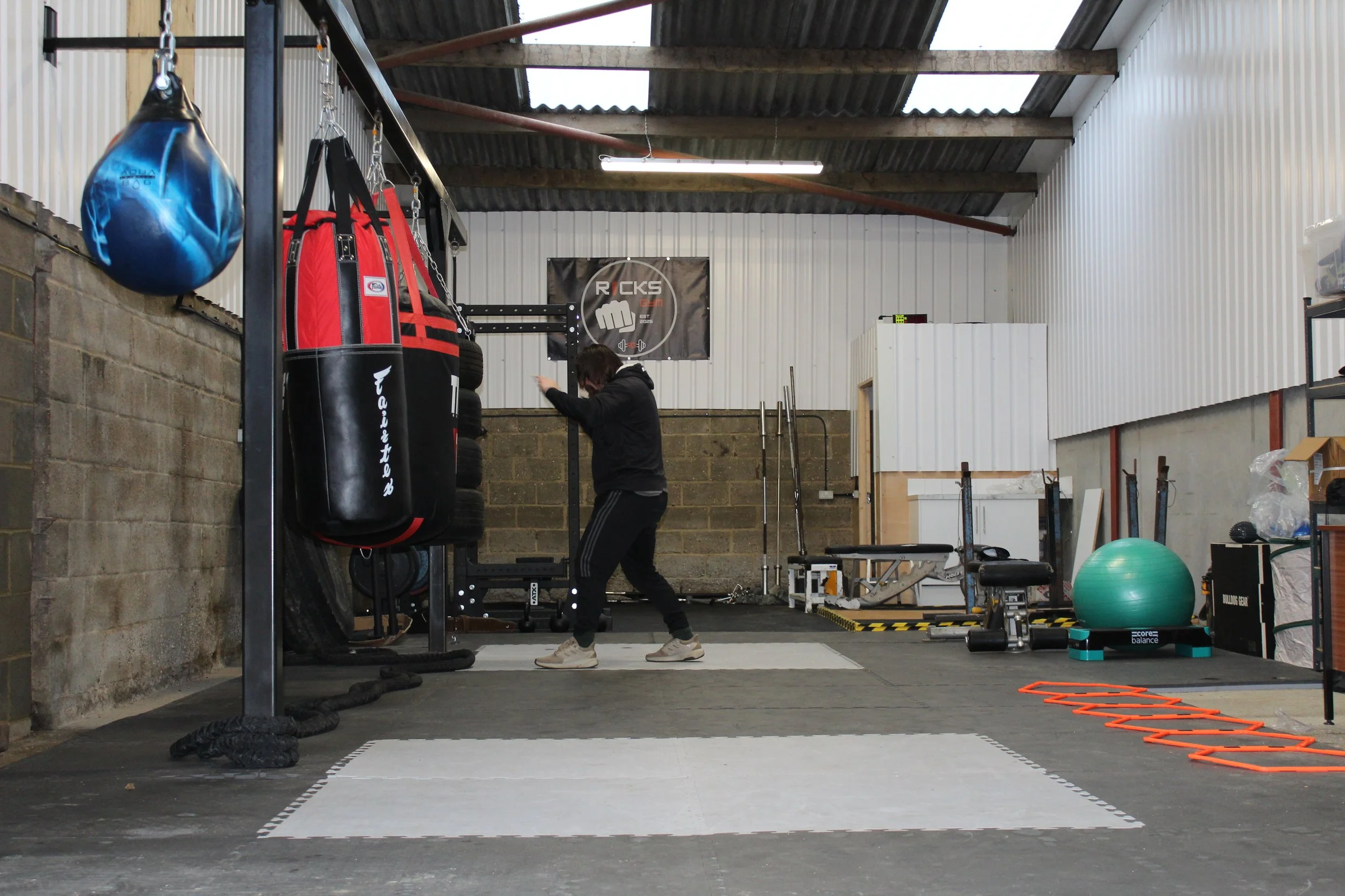 Person exercising in a gym with boxing equipment, stability ball, agility ladder, and resistance bands.