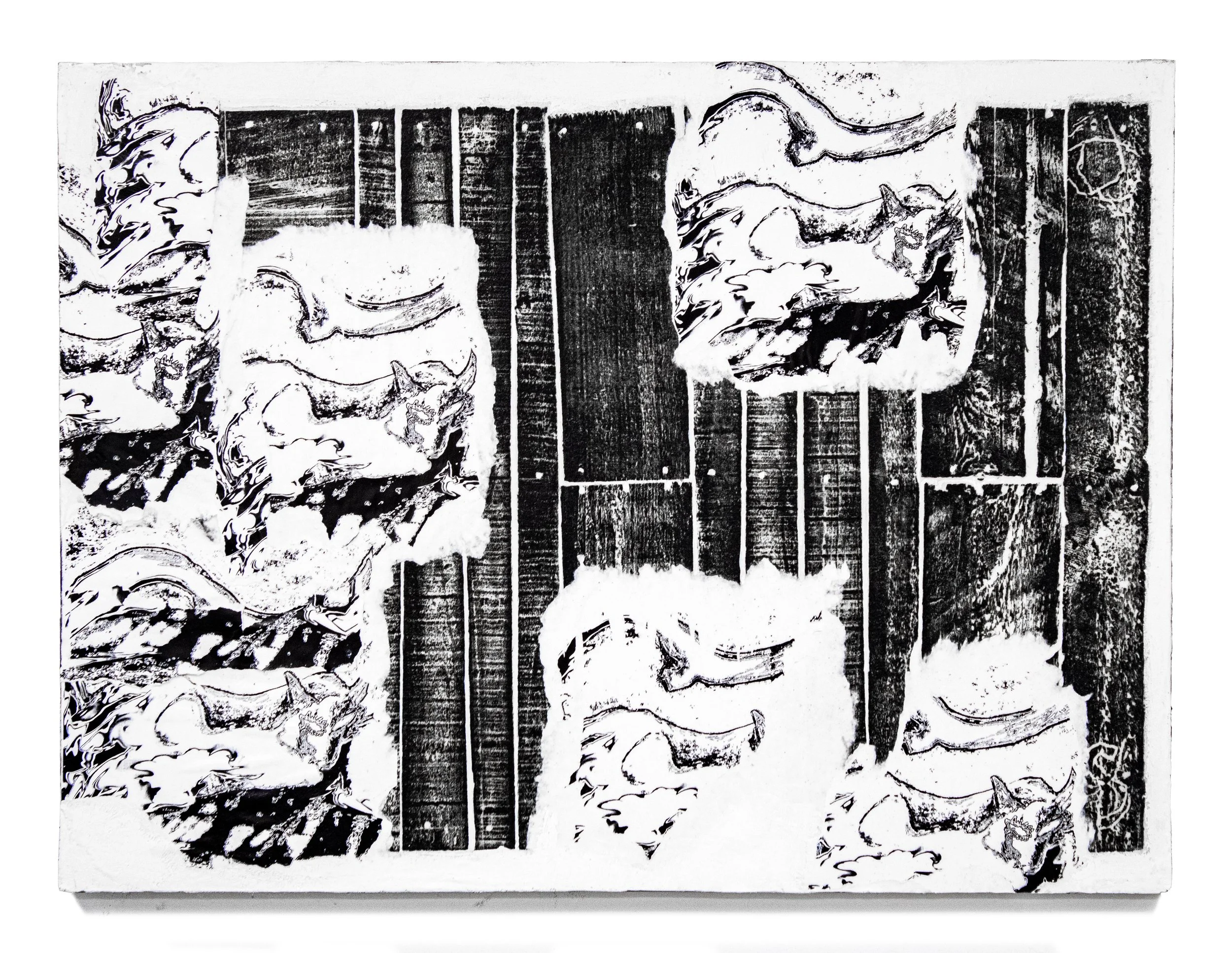 "scraps of an indolence... 2024. Oil, frottage, silkscreen on paper, collage on muslin mounted on painted panel -- 40 x 30 in.