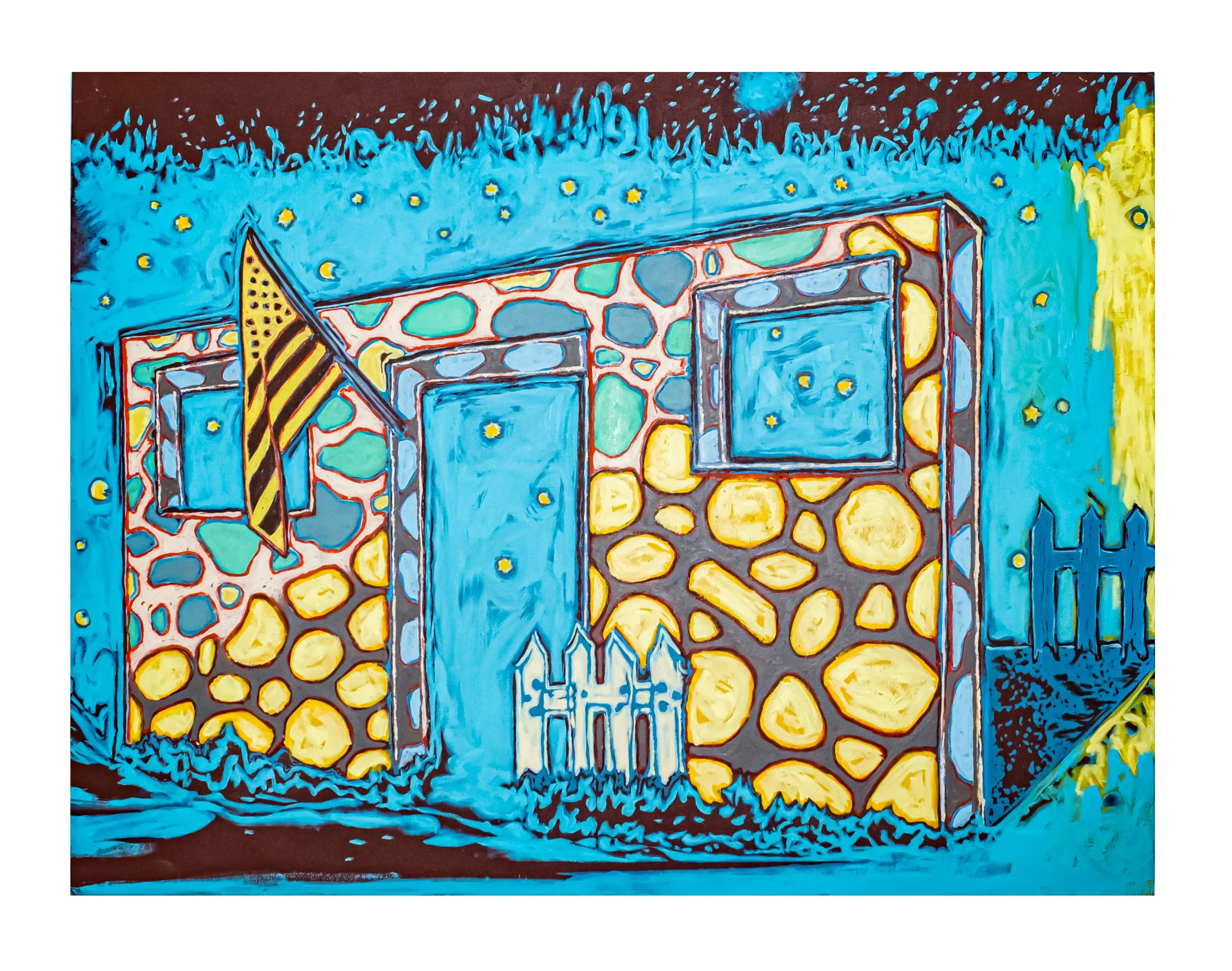 Cult of the ruin 5, 2026. Acrylic and Silkscreen on canvas -- 40 x 30 in.