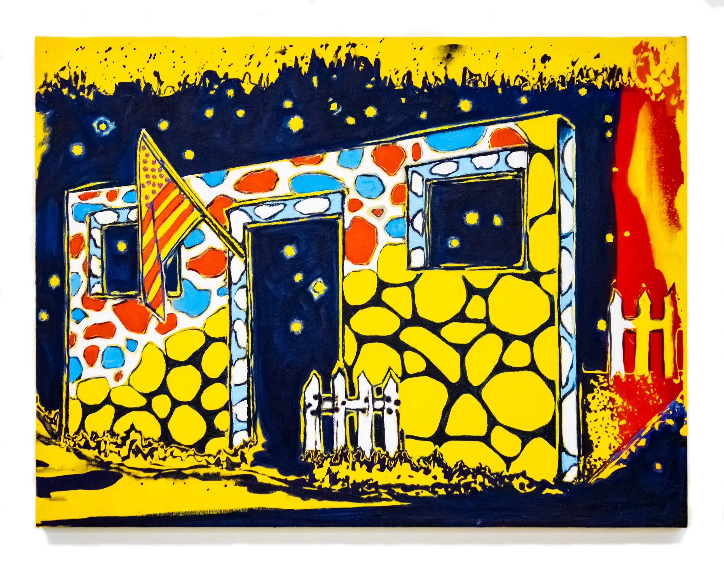 Cult of the ruin 2, 2024. Acrylic and silkscreen on canvas -- 40 x 30 in.