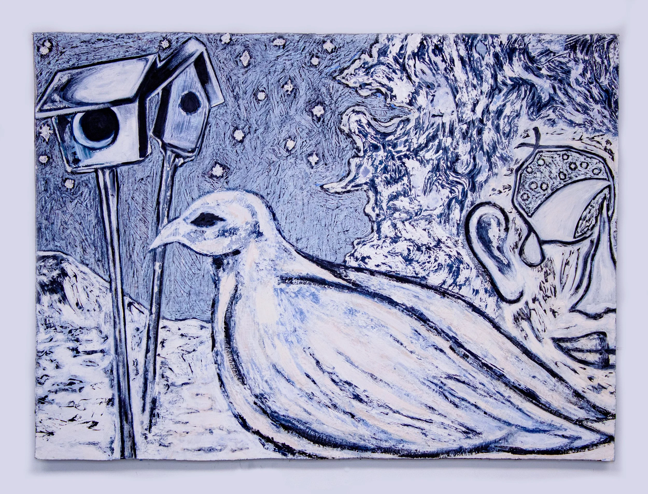 Carry your burden to your bird-den, 2025. Oil on canvas mounted to panel -- 38.5 x 28.5 in.