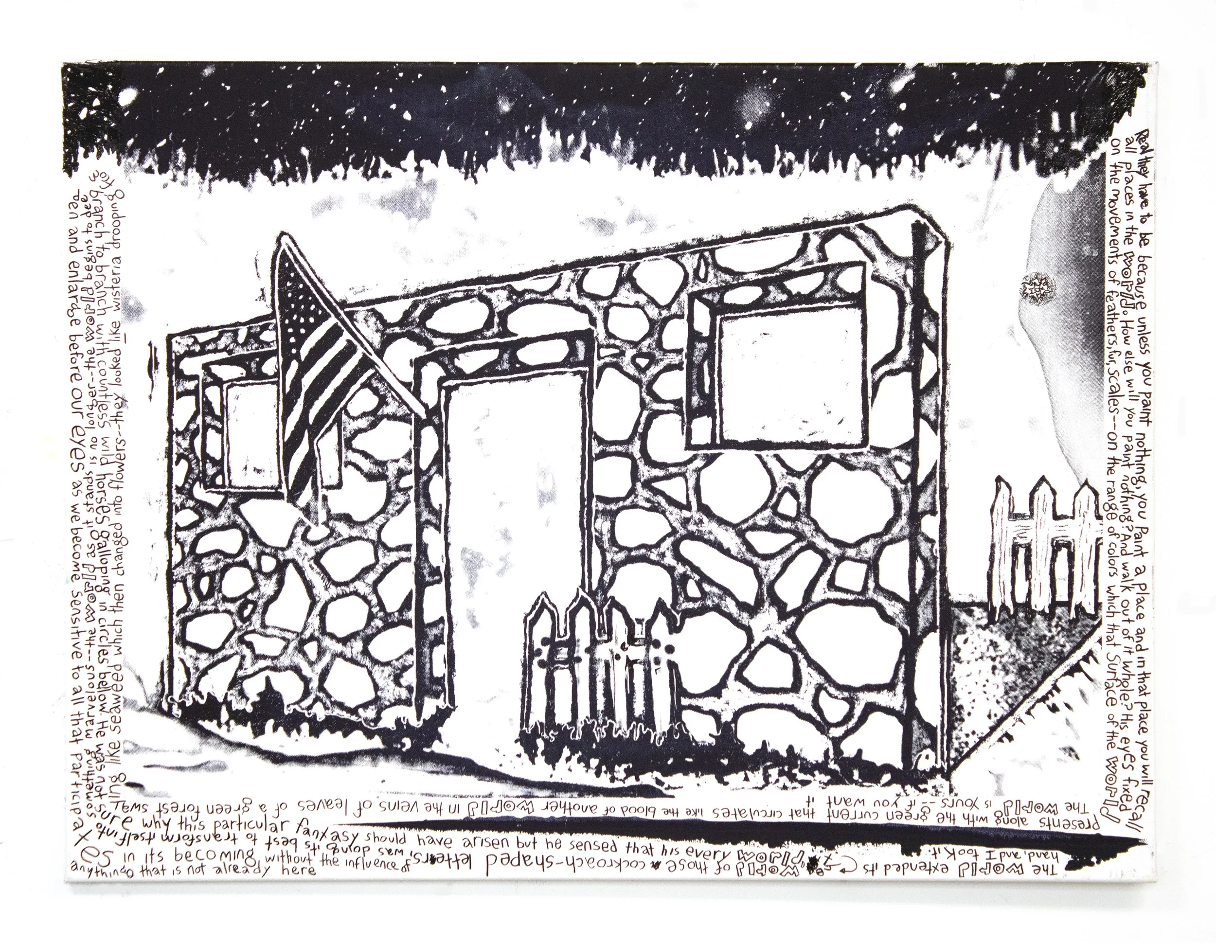 Cult of the ruin 1, 2024. Acrylic and silkscreen on canvas -- 40 x 30 in.