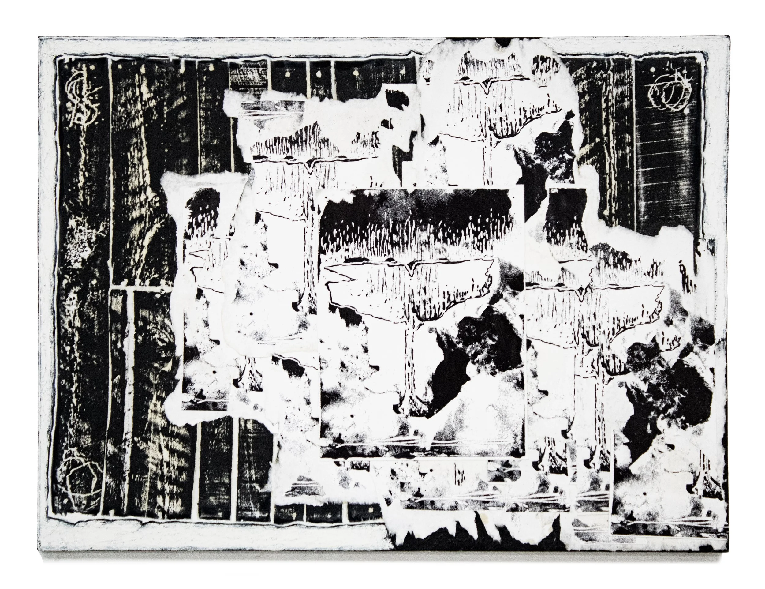 ...hence an extreme elegance", 2024. Oil, frottage, silkscreen on paper, collage on muslin mounted on canvas -- 40 x 30 in.