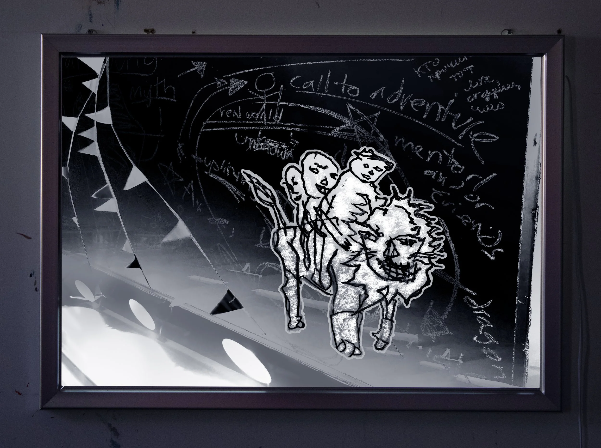 Call to adventure, 2025. Drawing, photo, digital collage in aluminum-framed l.e.d. light box -- 33 x 24 in.