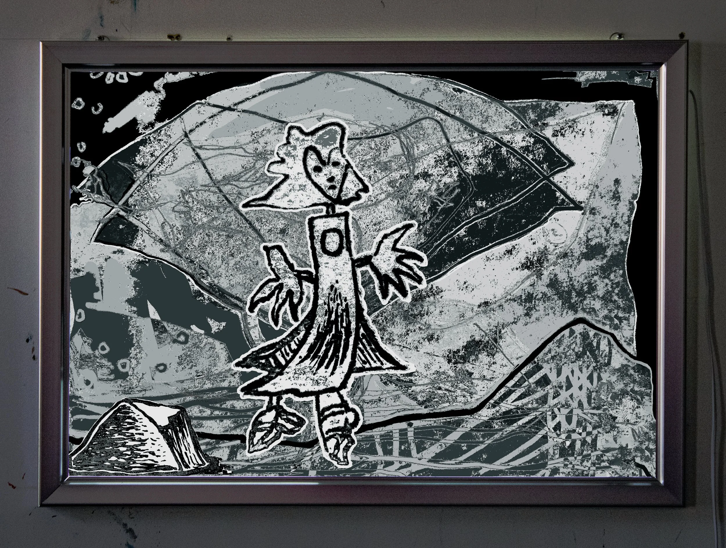 Dreamgirl, 2025. Drawing, photo, digital collage in aluminum-framed l.e.d. light box -- 33 x 24 in.