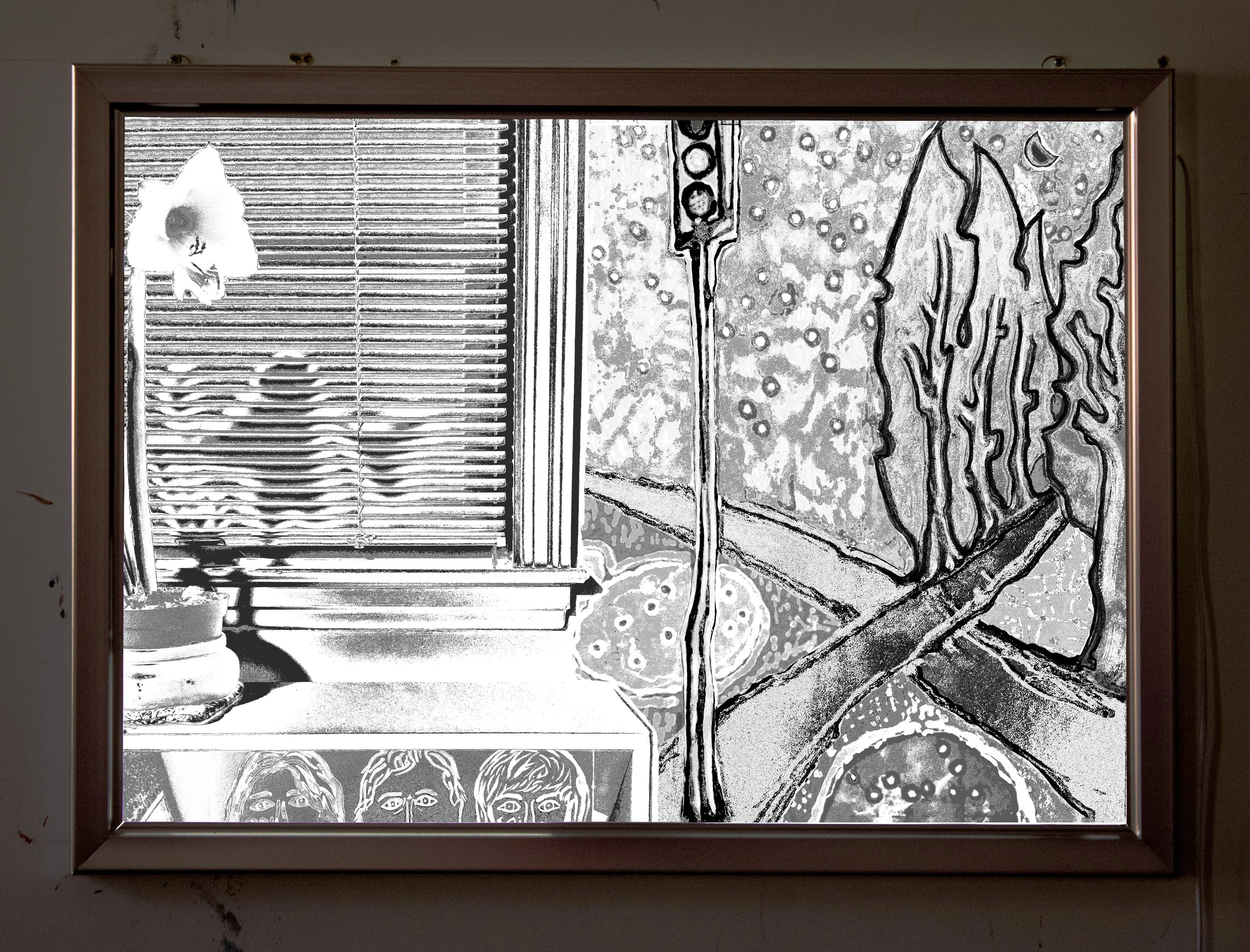 Orchid or child, 2025. Drawing, photo, digital collage in aluminum-framed l.e.d. light box -- 33 x 24 in.