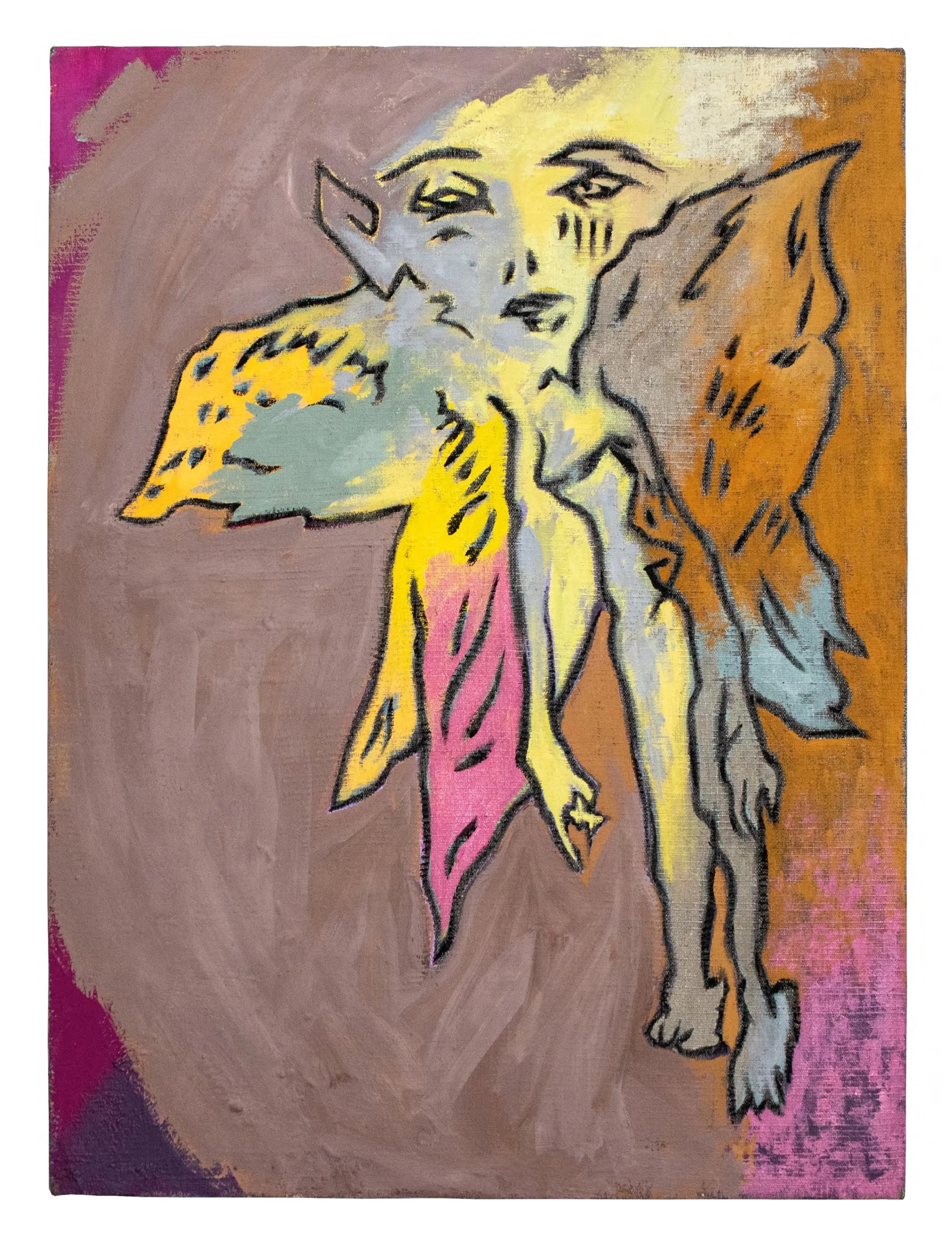 Rainbow Fairy, 2026. Casein and charcoal on linen-- 24 x 18 in.