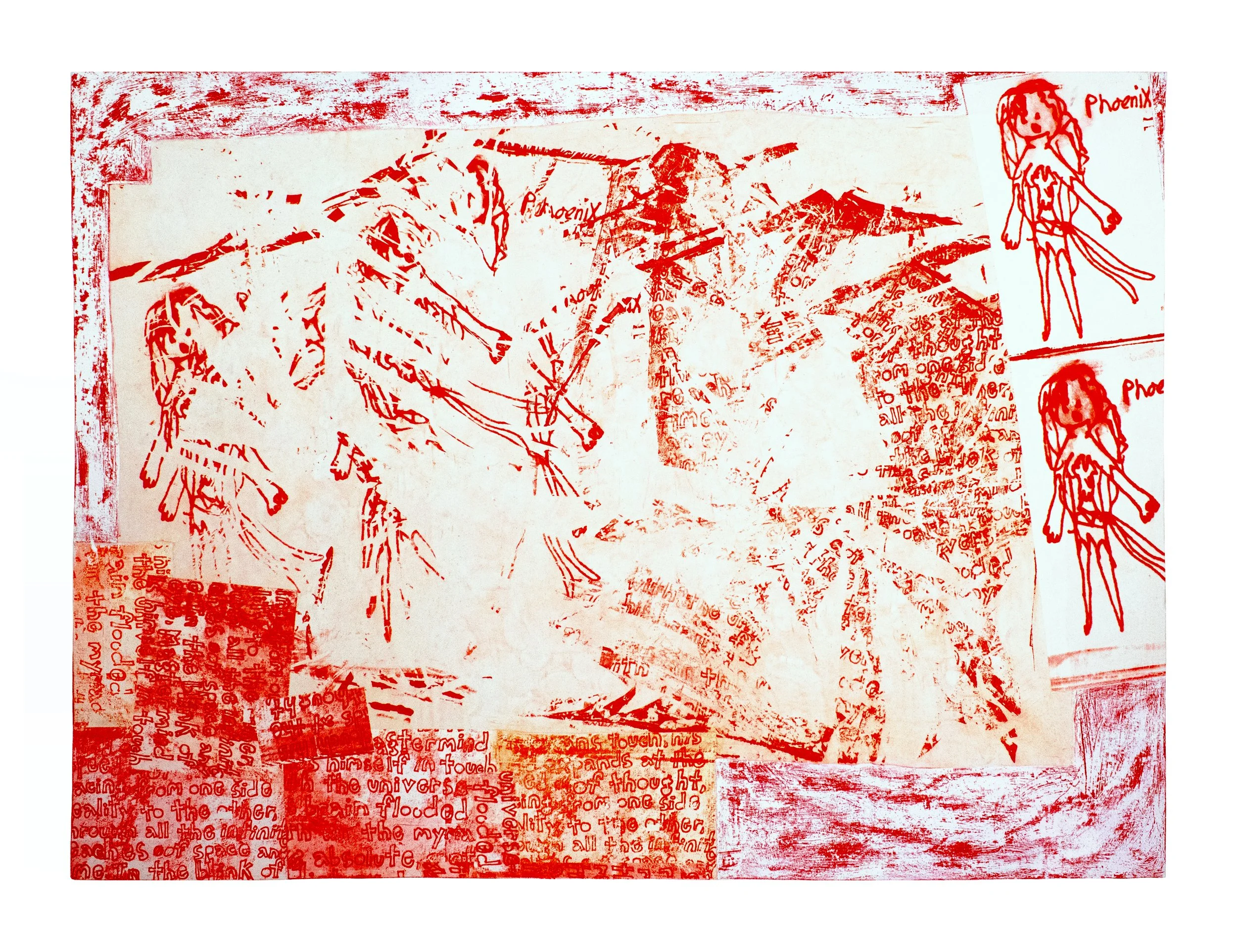 Phoenix, 2024. Oil, acrylic, silkscreen, collage on canvas -- 96 x 84 in. 