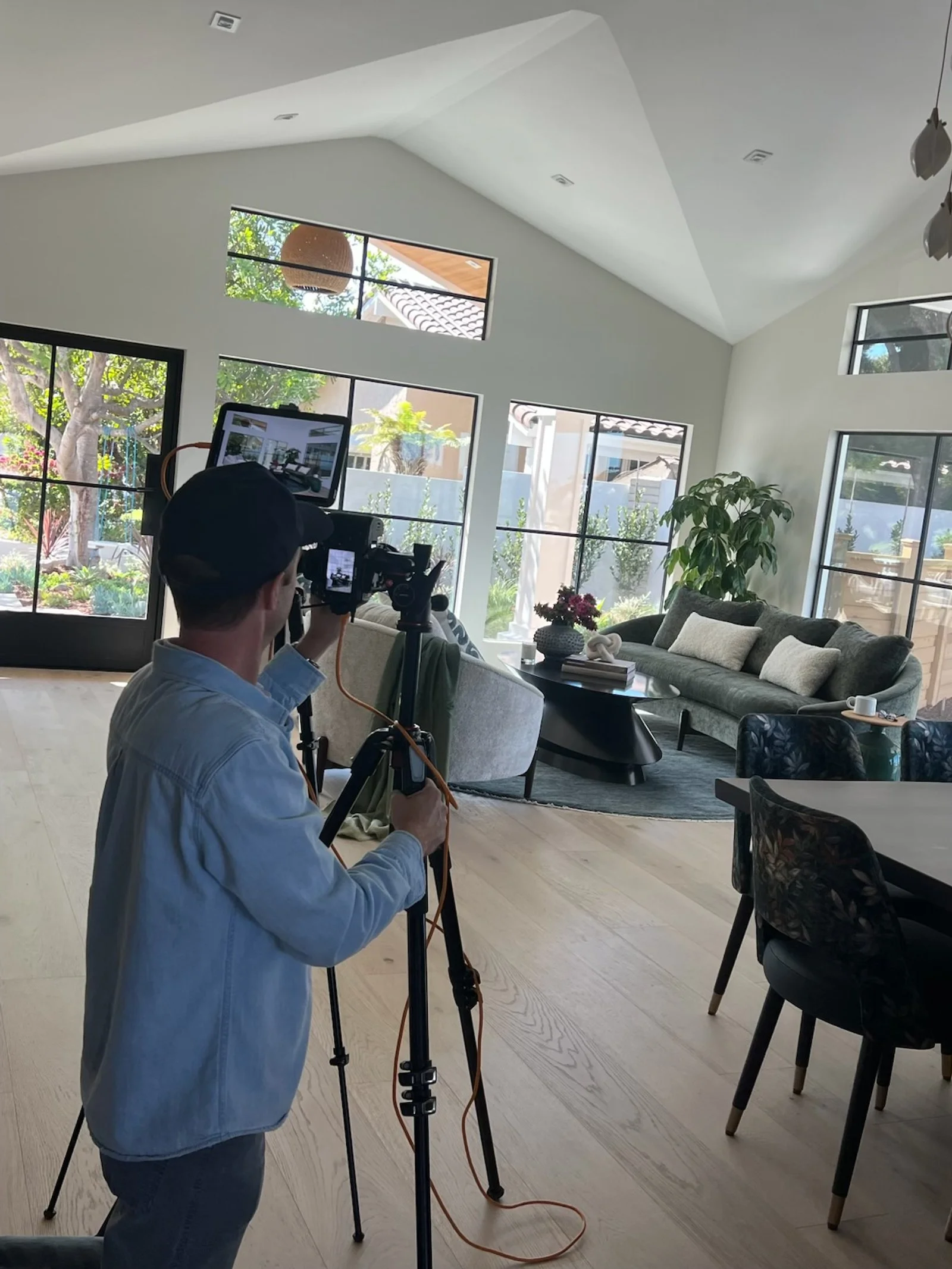 Person filming or photographing in a modern living room with large windows, a gray couch, a coffee table, and indoor plants.