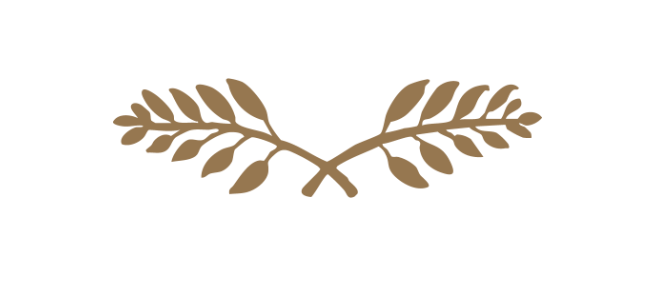 Brown decorative leaf design with two symmetrical leafy branches crossing at the center.
