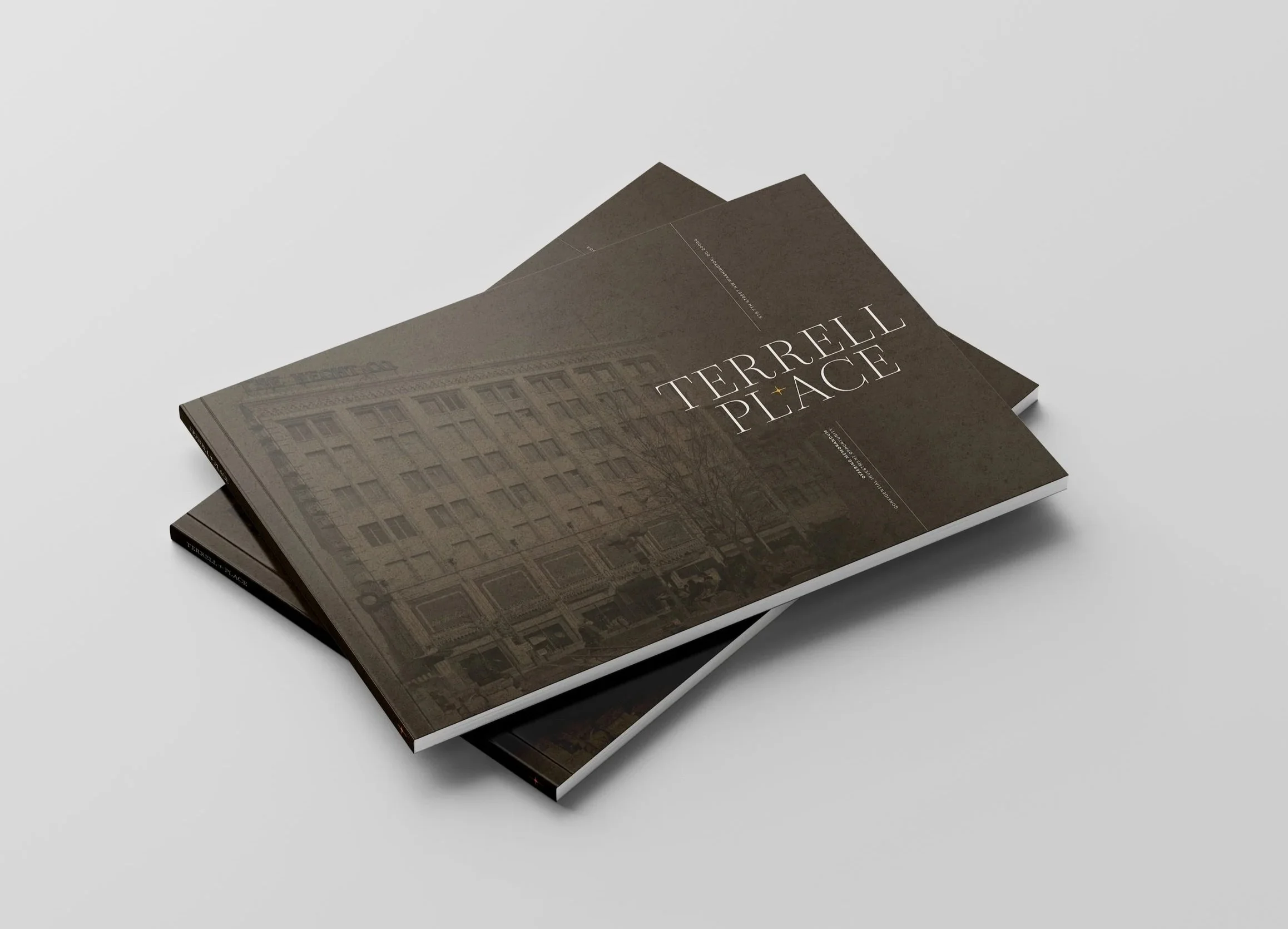 Mockup of Terrell Place offering memorandum cover featuring historic facade imagery and gold North Star motif.