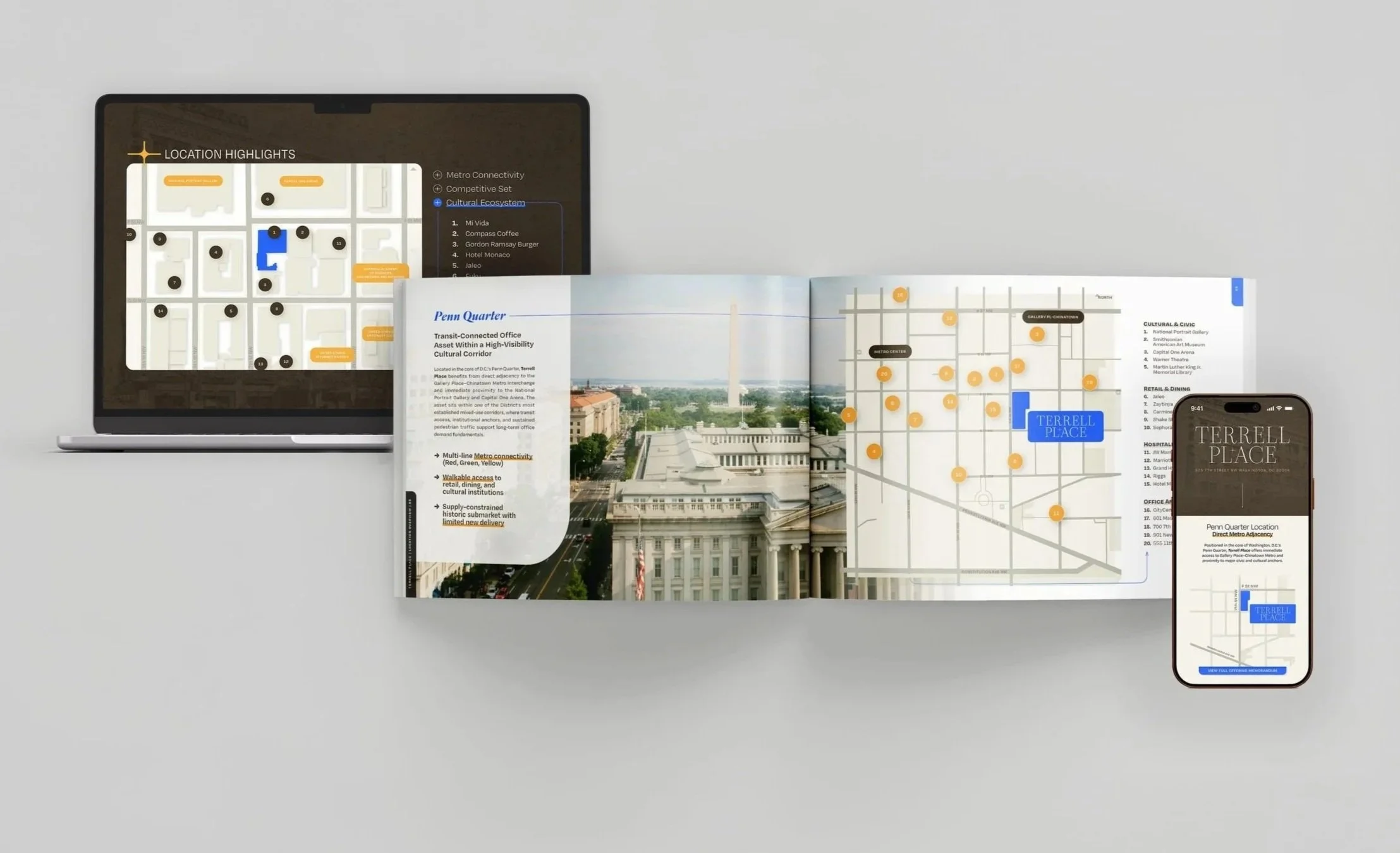 Cross-channel commercial real estate marketing materials including offering memorandum spread, pitch presentation slide, and email blast design for a speculative office asset case study.