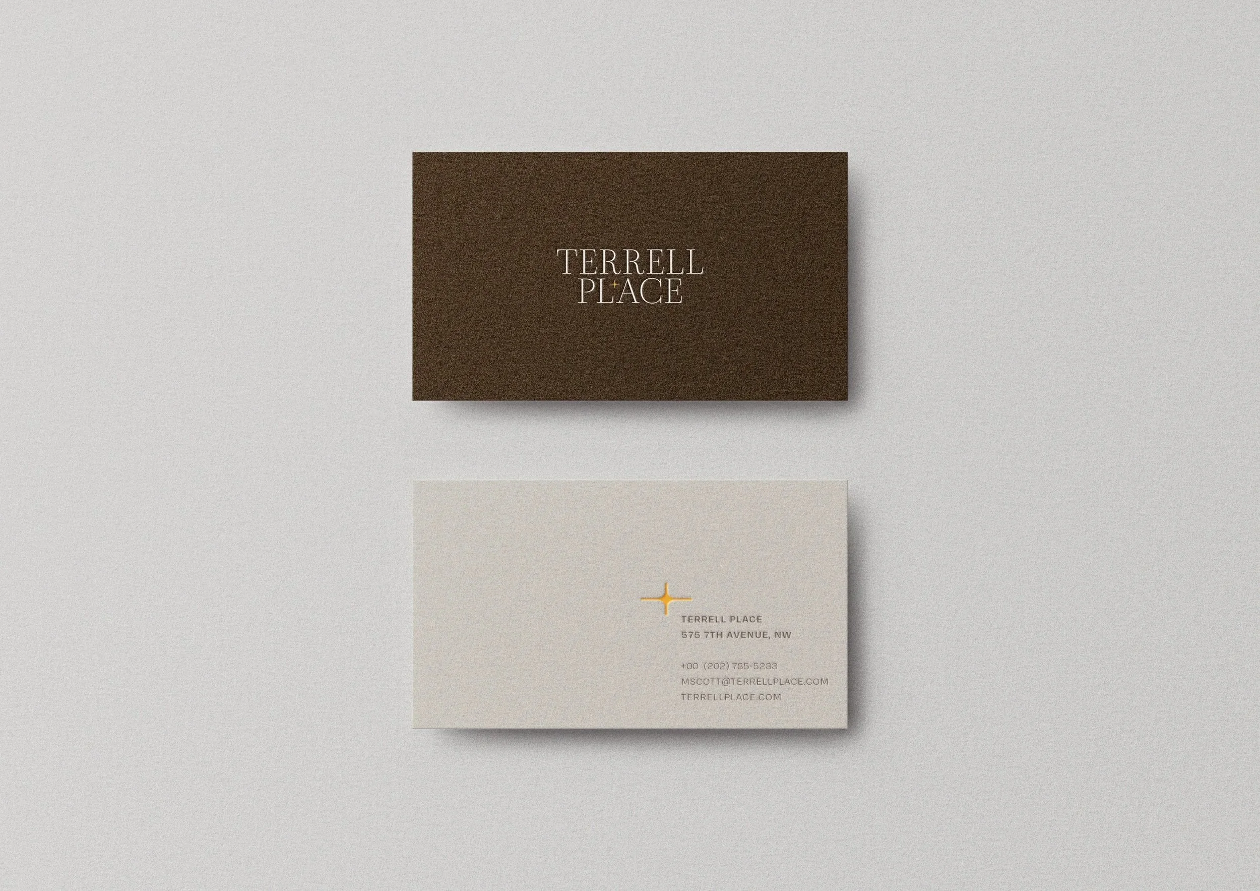 Mockup of Terrell Place property business card cover featuring gold North Star motif.