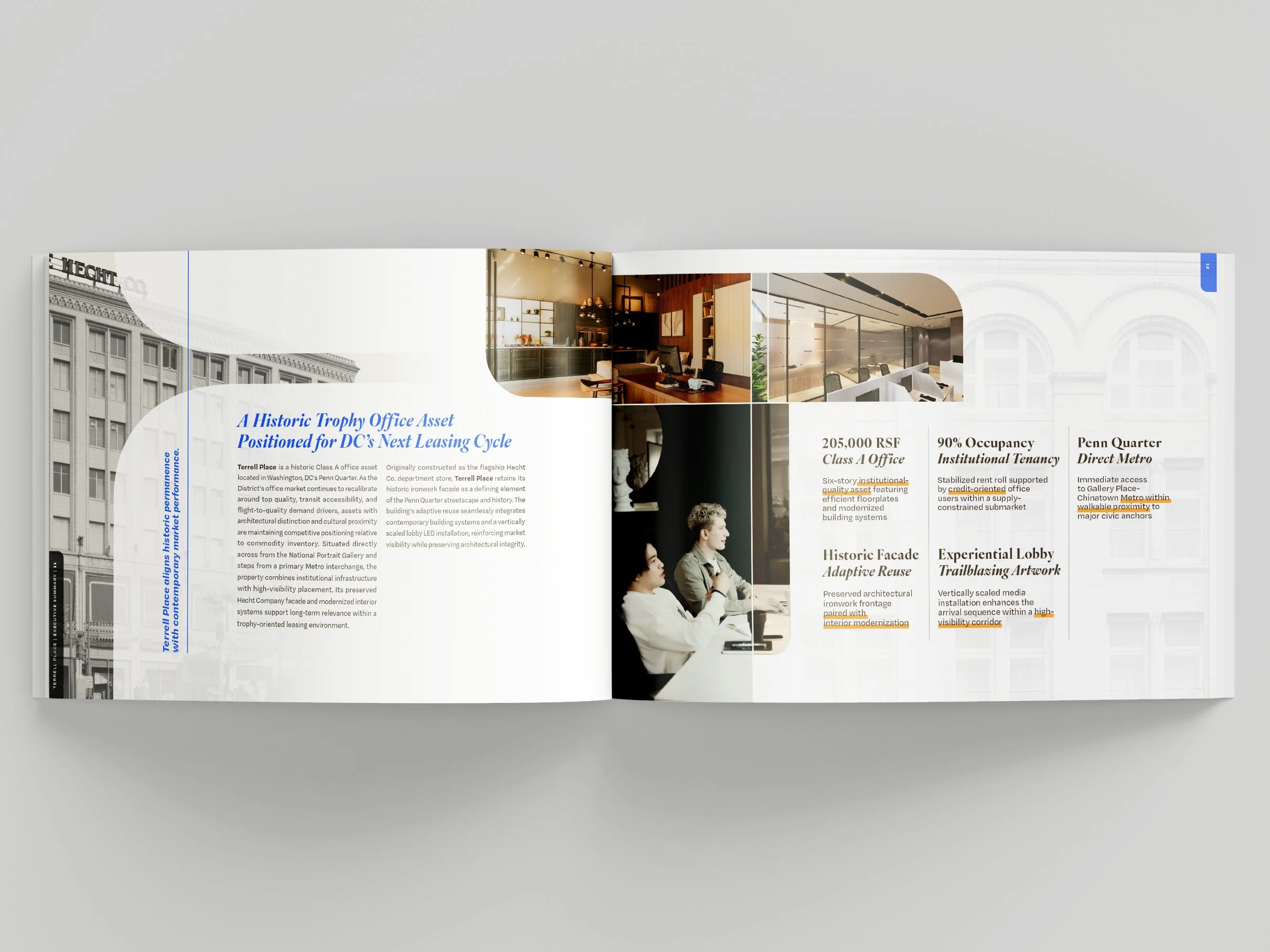 Mockup of Terrell Place offering memorandum interior spread featuring narrative positioning, architectural imagery, and investment highlights.
