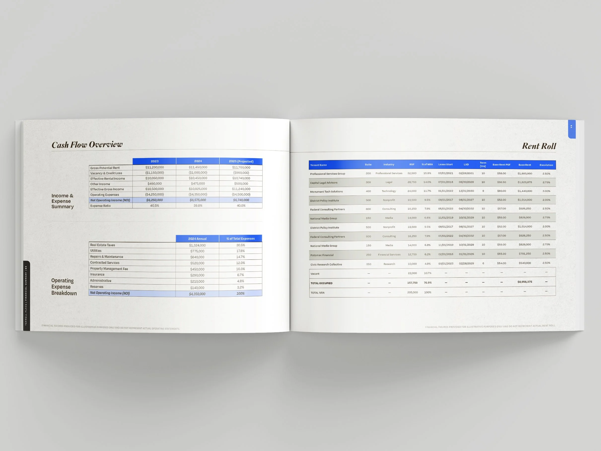 Offering memorandum financial spreads for a speculative commercial real estate case study, including institutional rent roll tables, cash flow analysis, and structured data layout by a senior graphic designer.
