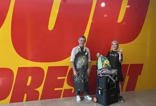 Stacey & Steve at Auckland Art Gallery after running a Gelli Plate Workshop. The workshop was run in conjunction with the Pop to Present show.