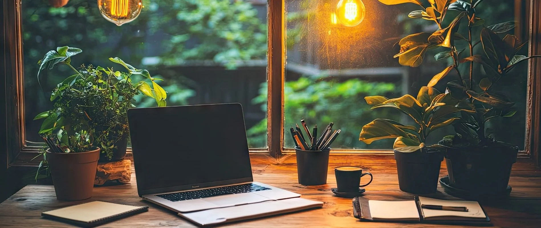 bureau met laptop, notieblok, pennen en kop koffie. Klaar om review te schrijven.