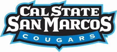 Cal State San Marcos Cougars logo with bold black and blue text.