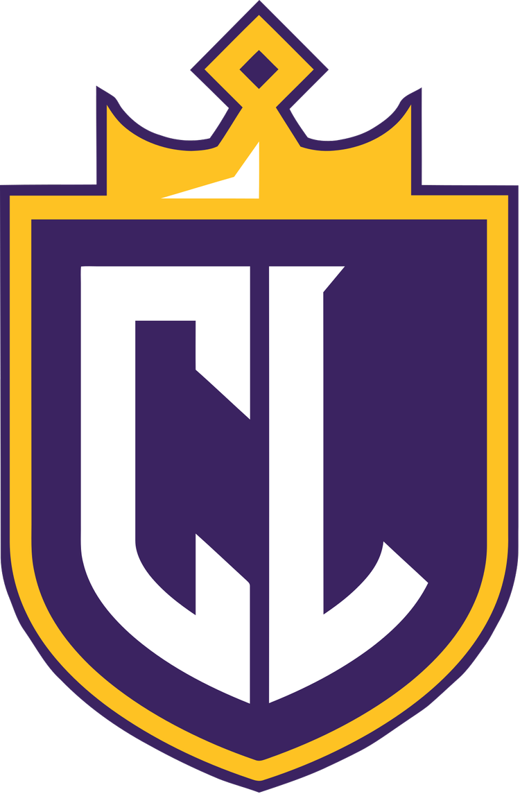 A shield-shaped logo with a yellow crown on top, a purple border, and a dark purple background featuring white stylized initials.