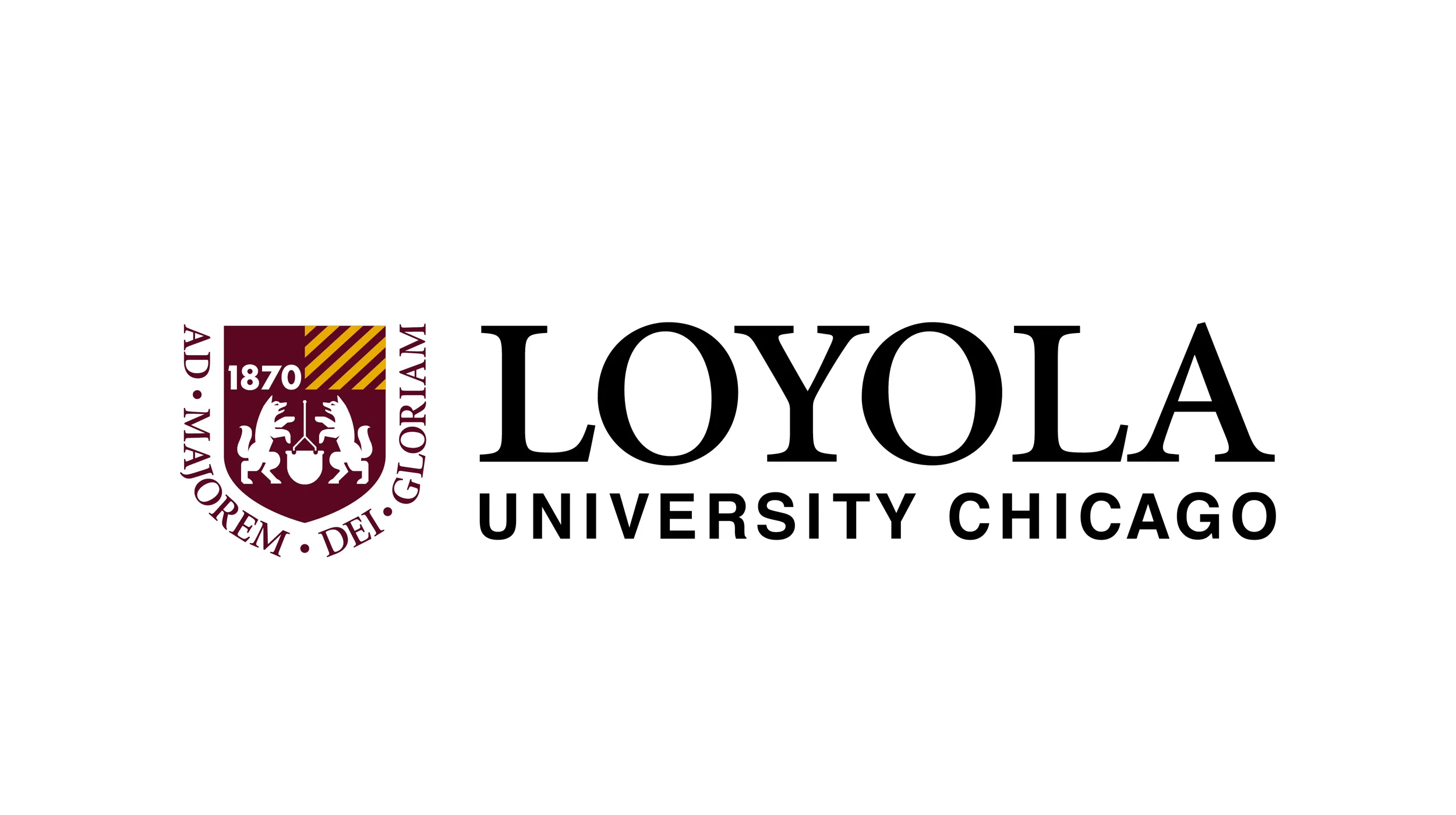 Loyola University Chicago logo with a shield featuring two pandas holding a column, and the university name in bold black letters.