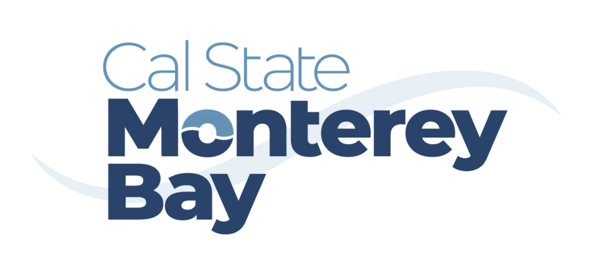 Logo for Cal State Monterey Bay with stylized blue text and a wave graphic.