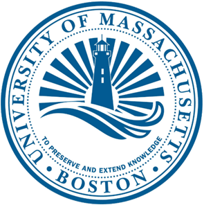 Seal of the University of Massachusetts Boston featuring a lighthouse with rays of light and open book, encircled by the institution's name and motto.